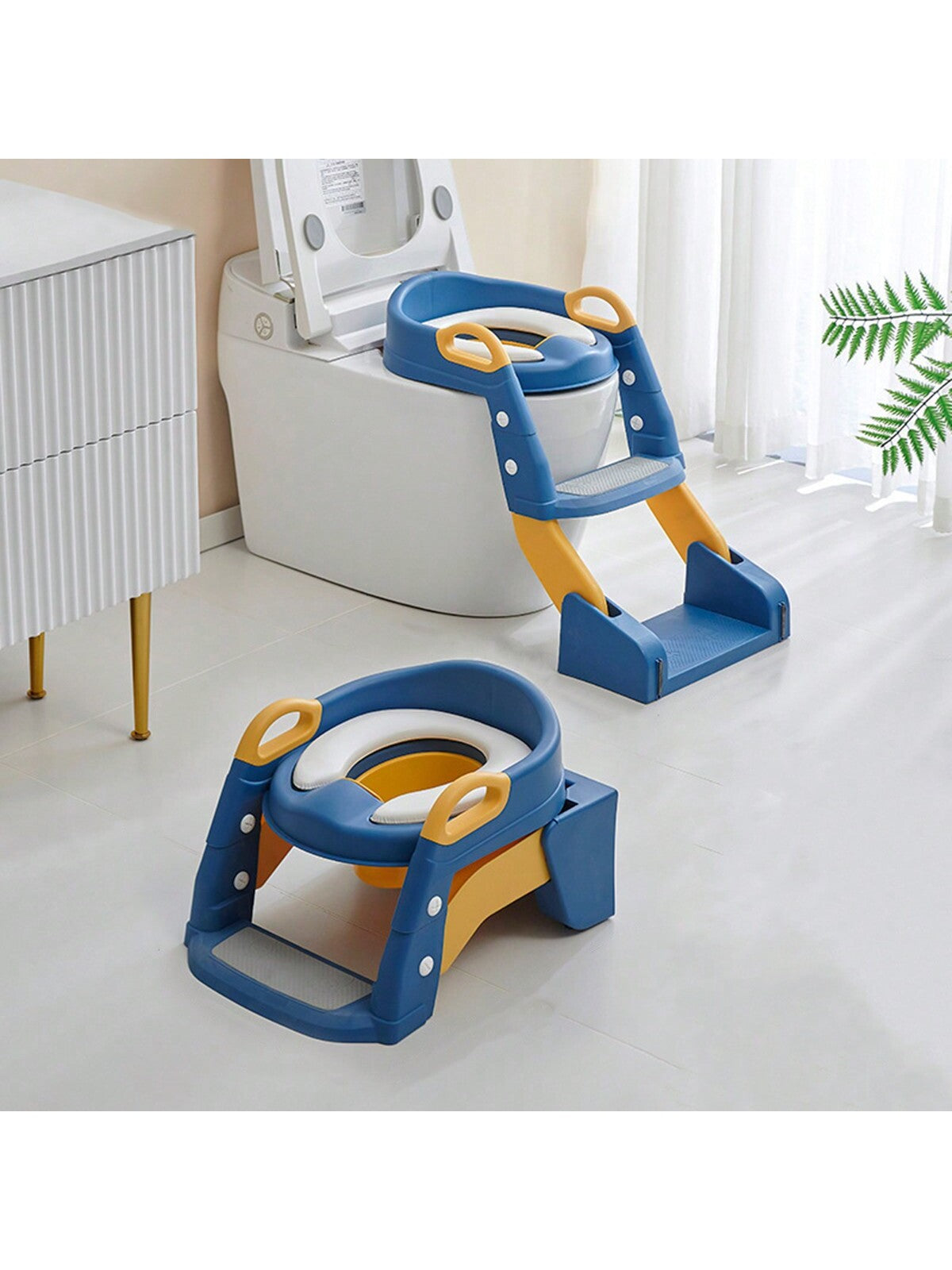1pc Blue Kids' Toilet Seat With Ladder & Folding Step Stool For Boys & Girls