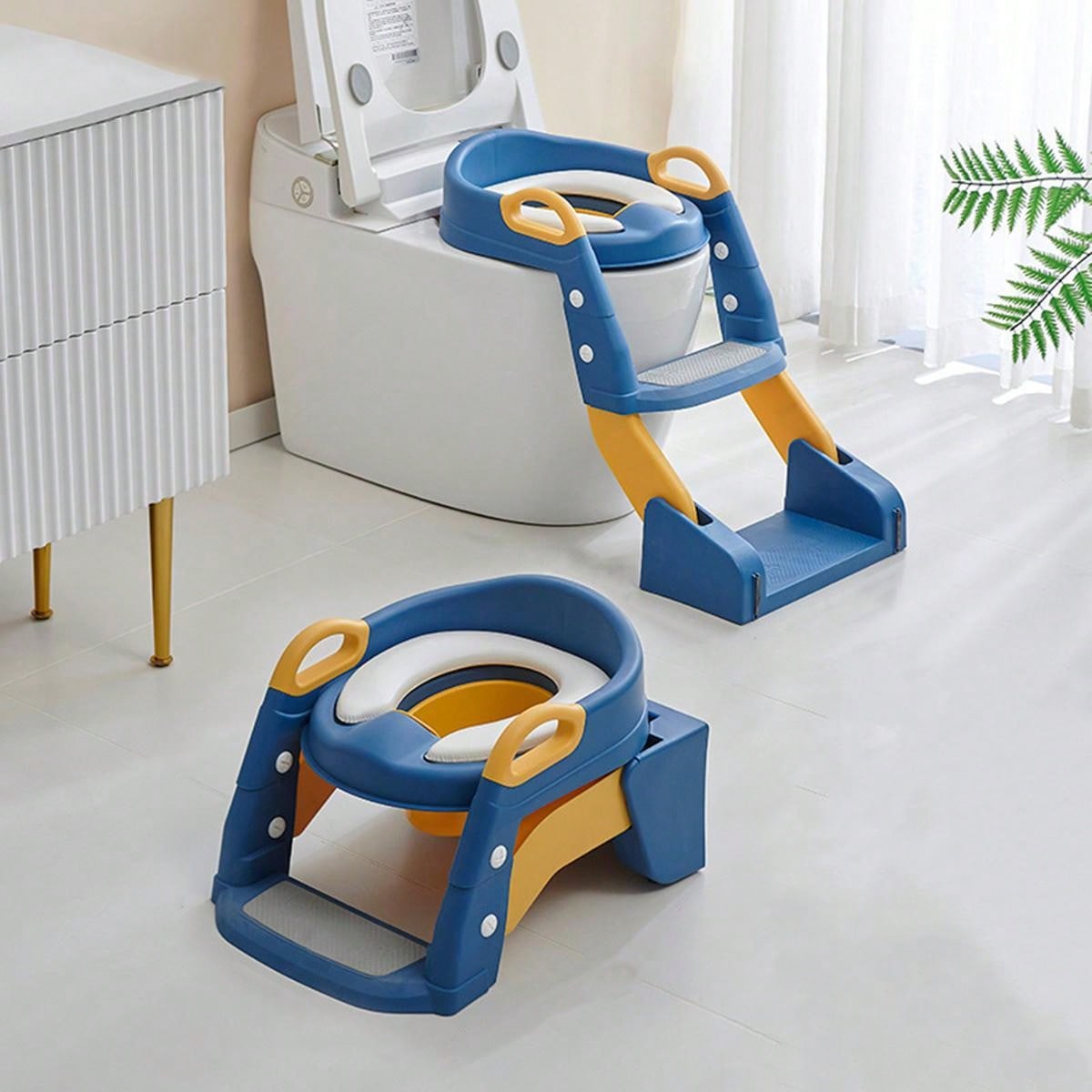 1pc Blue Kids' Toilet Seat With Ladder & Folding Step Stool For Boys & Girls