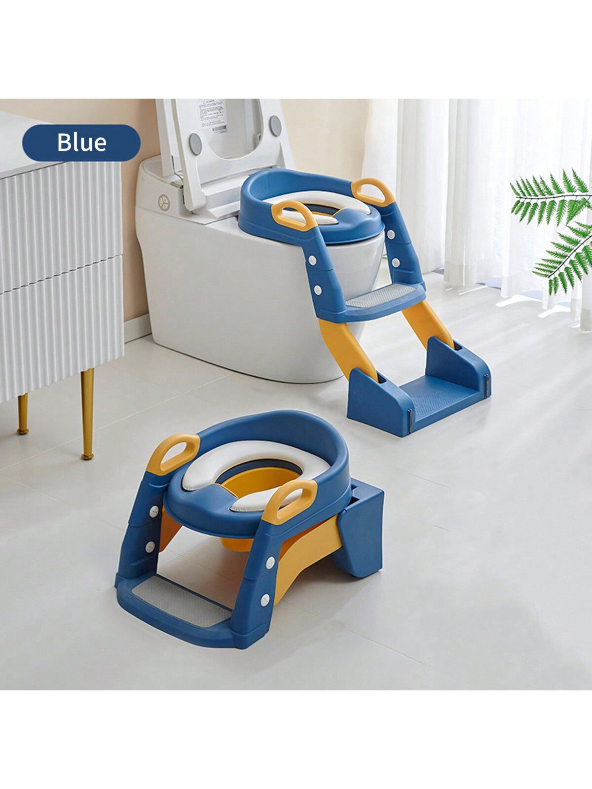 1pc Blue Kids' Toilet Seat With Ladder & Folding Step Stool For Boys & Girls