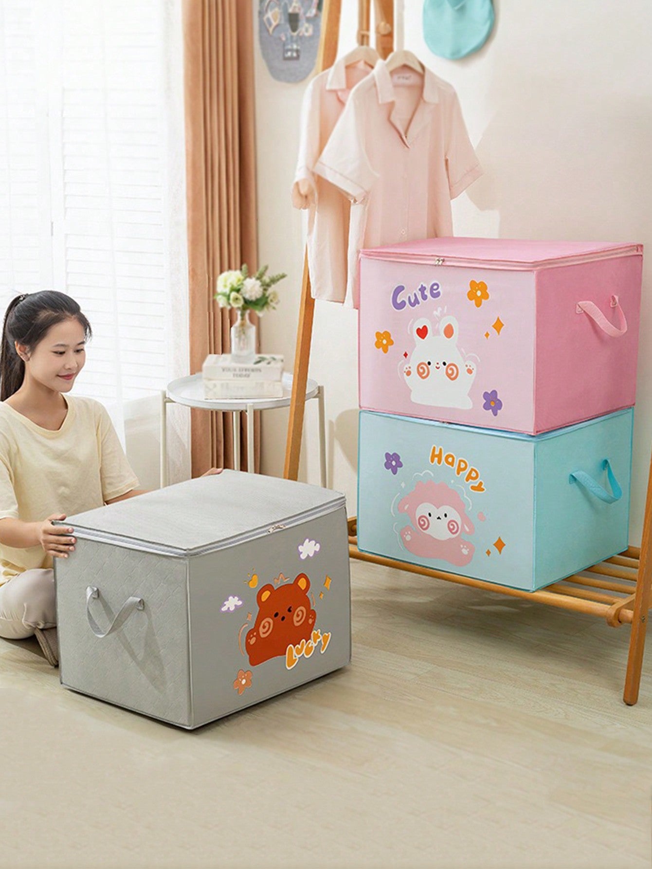 1pc Large Capacity Cartoon Storage Bag With Zipper Closure, Moisture-Proof Fabric Perfect For Storing Clothes And Quilts