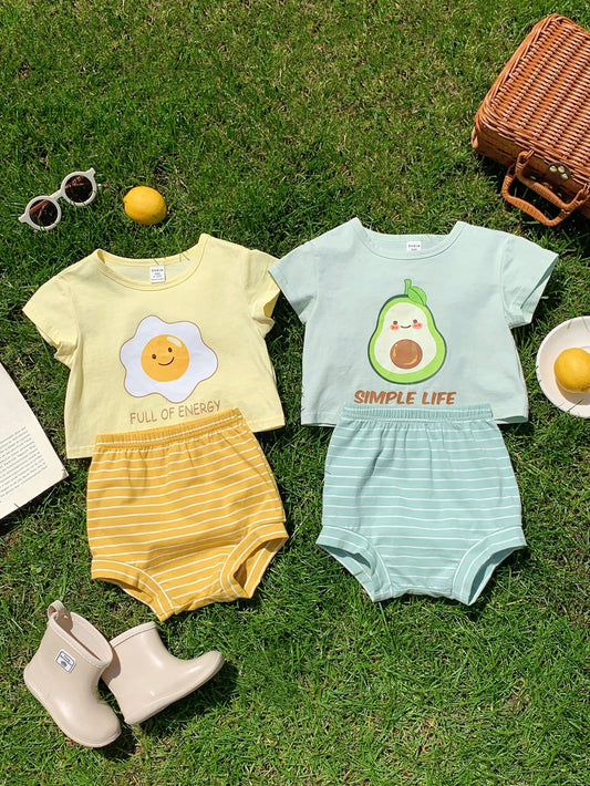 Cute Knitted Cartoon Pattern Short Sleeve Top And Striped Shorts Set For Baby Girl, 4pcs