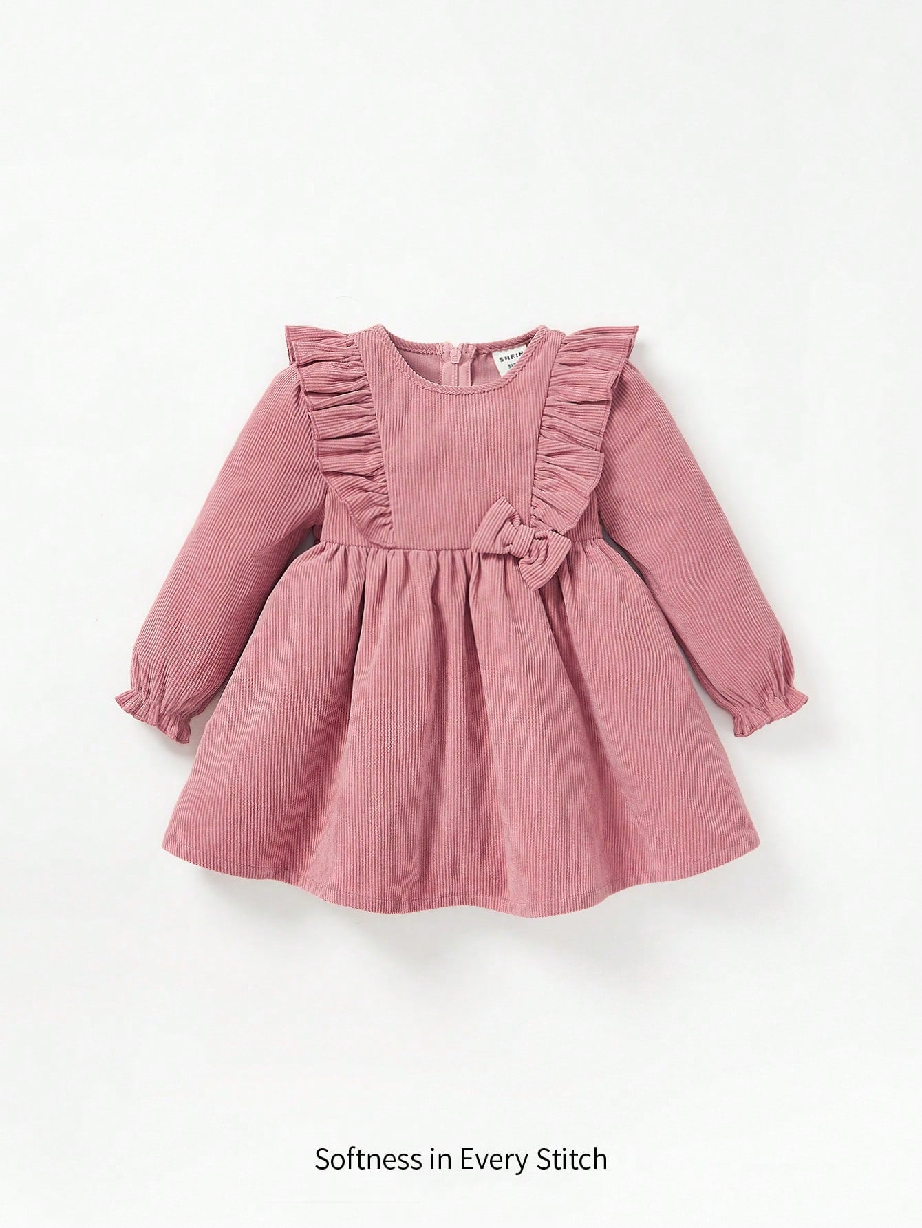 Cozy Pixies Baby Girl Casual Round Neck Ruffle Hem Long Sleeve Solid Color Dress Fall Clothes