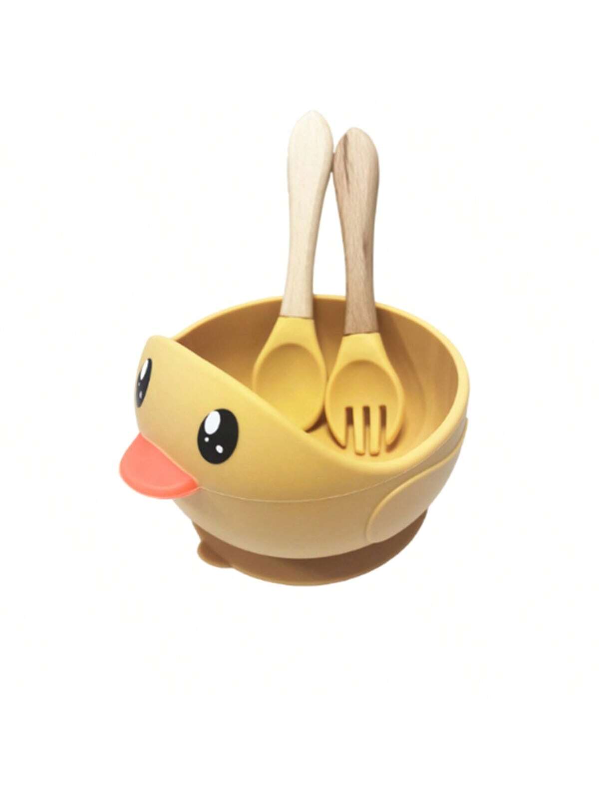 1 Duck-Shaped Bowl 1 Pair Of Cartoon Duck Spoon & Fork Silicone Suction Bowl Toddler Feeding Set Anti-Fall Bowl Feeding Utensils Set For Infant Supplementary Food