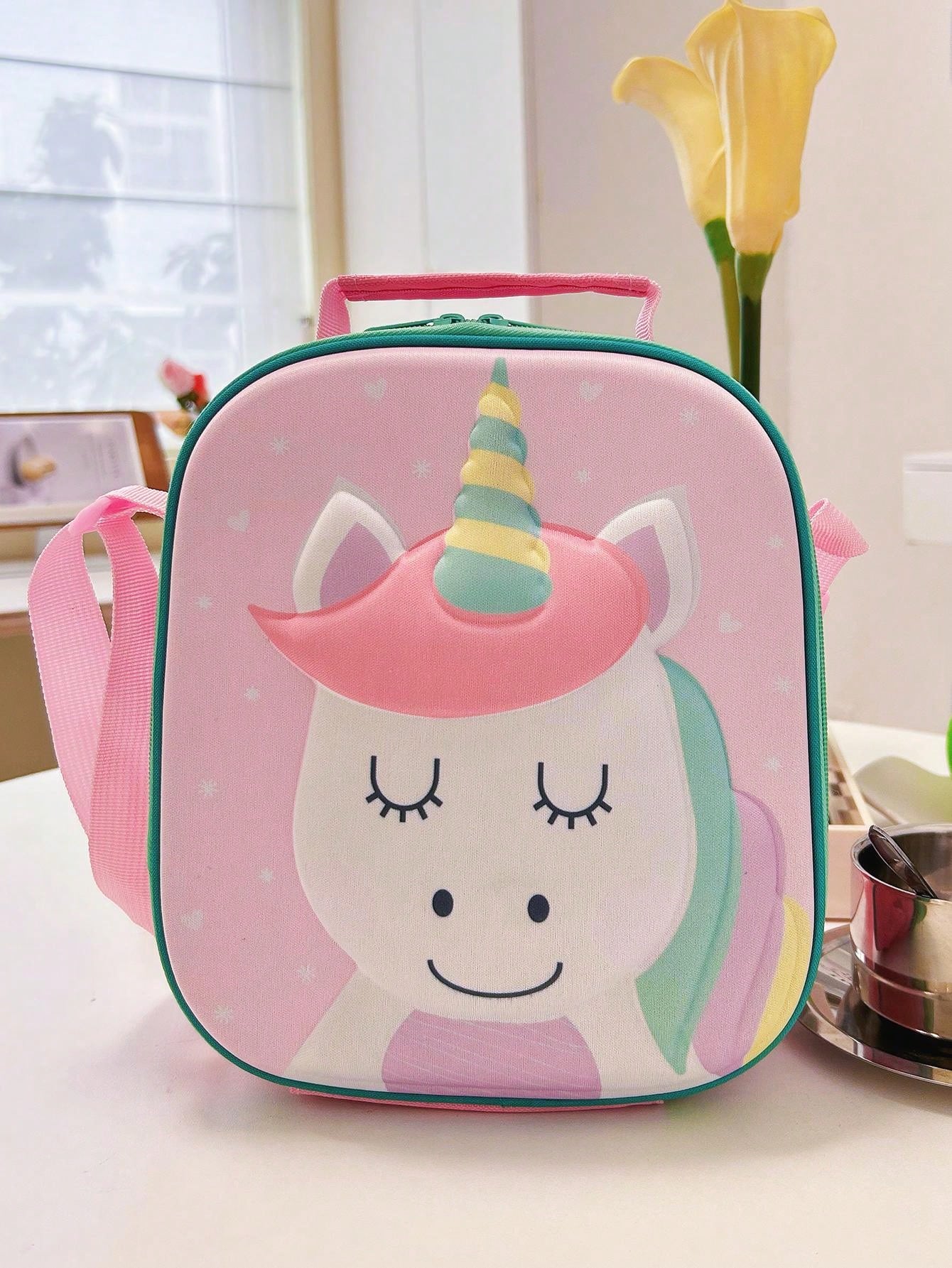 1pc Unicorn Pattern Lunch Bag, Cartoon Cute Polyester Reusable Lunch Box For Office Work School Picnic Beach