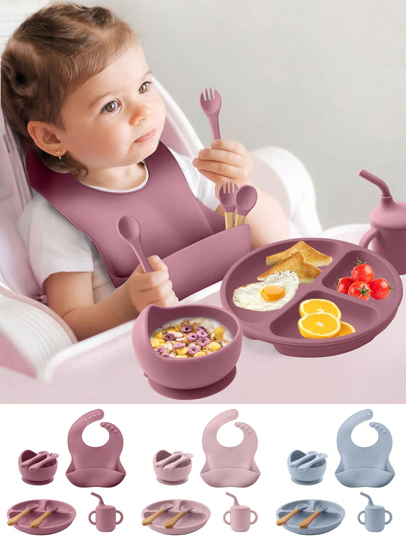 8PCS Children's Tableware Set Baby Dishes Sucker Plate Bowl Utensils Soft Silicone Cup Bibs Spoon Fork Sets Mother Kids Tableware Baby Items