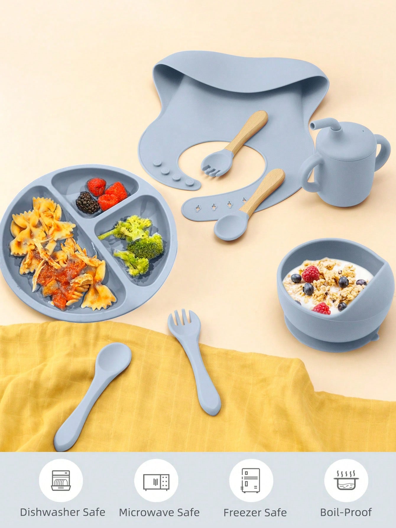 8PCS Children's Tableware Set Baby Dishes Sucker Plate Bowl Utensils Soft Silicone Cup Bibs Spoon Fork Sets Mother Kids Tableware Baby Items