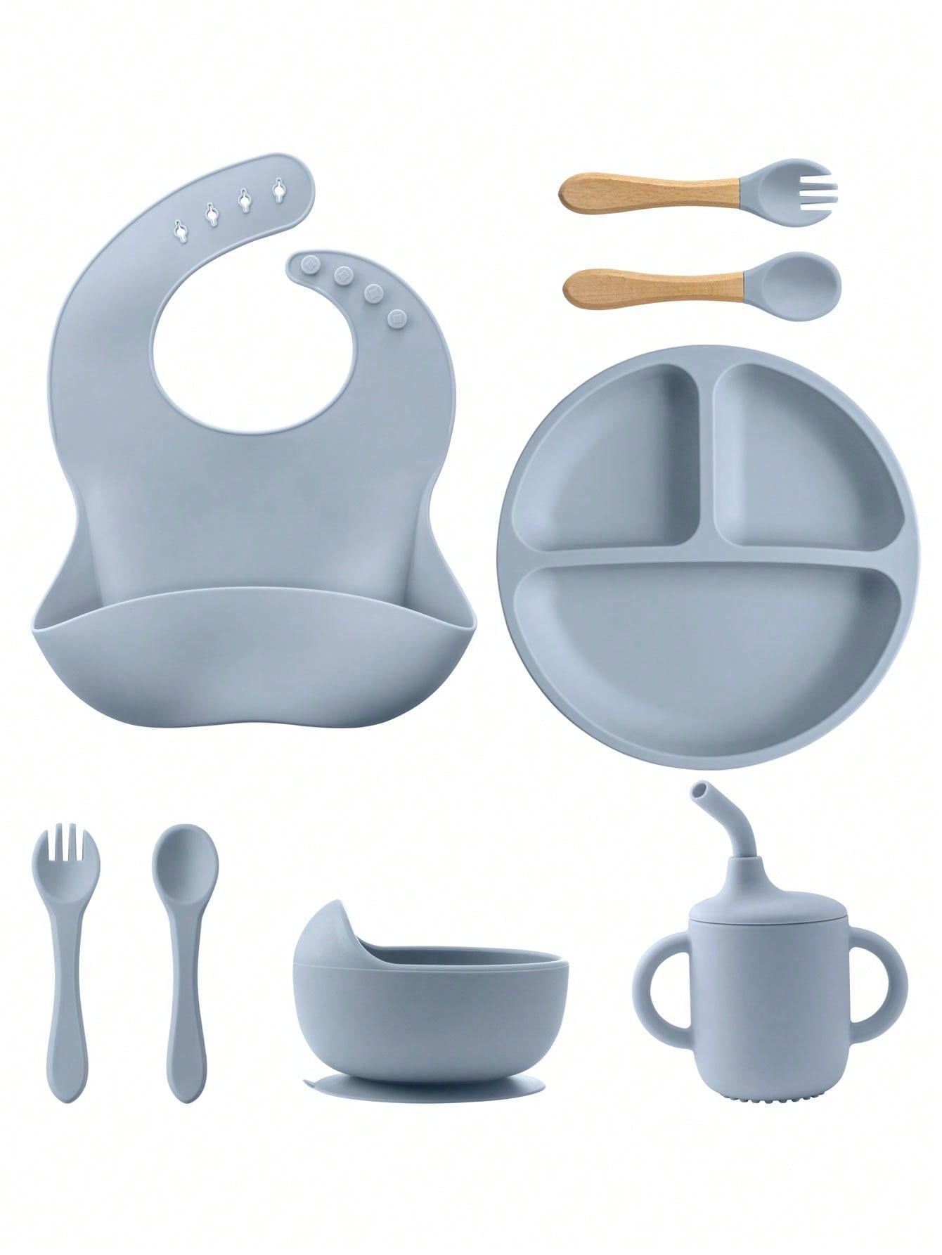 8PCS Children's Tableware Set Baby Dishes Sucker Plate Bowl Utensils Soft Silicone Cup Bibs Spoon Fork Sets Mother Kids Tableware Baby Items