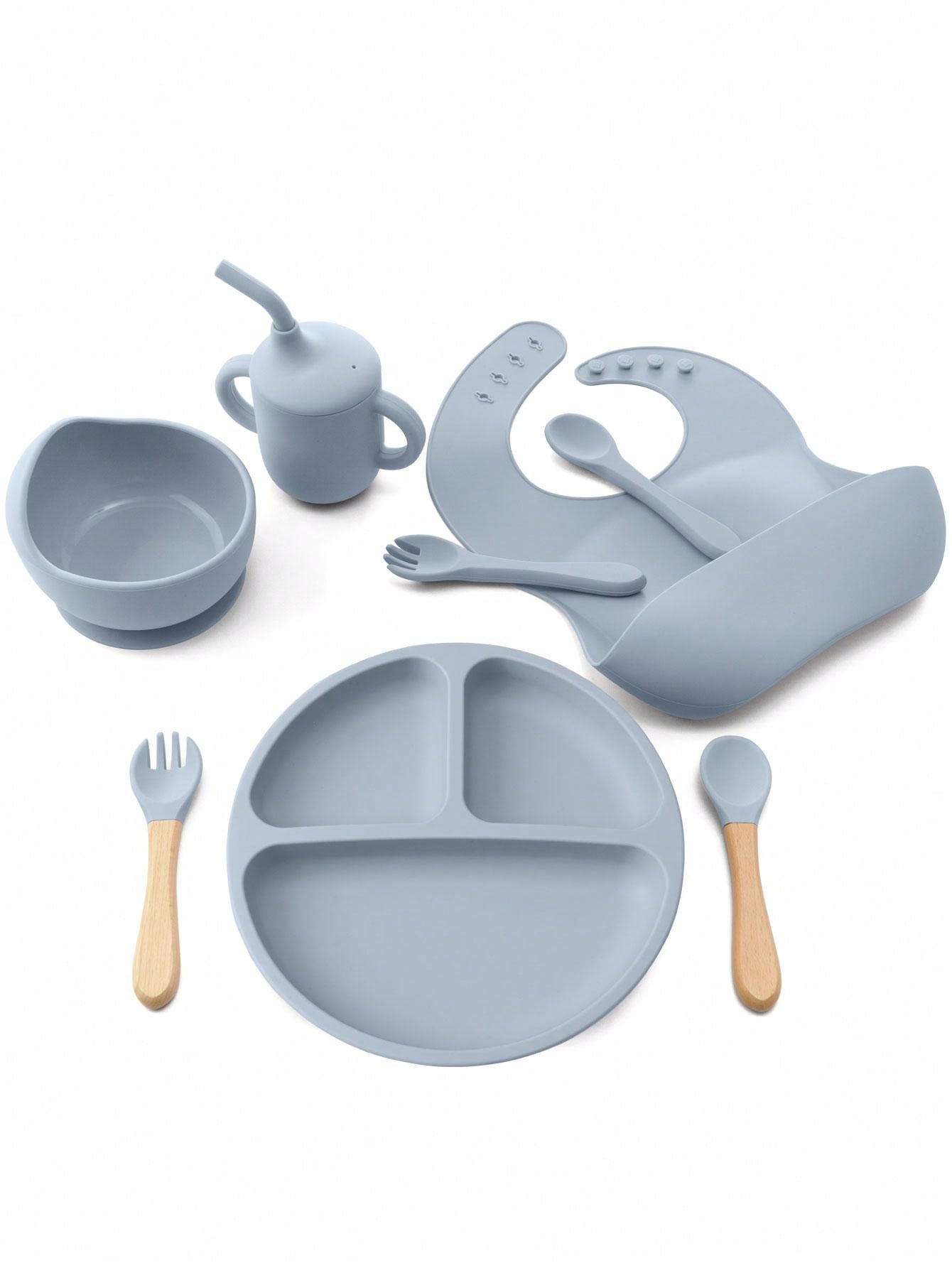 8PCS Children's Tableware Set Baby Dishes Sucker Plate Bowl Utensils Soft Silicone Cup Bibs Spoon Fork Sets Mother Kids Tableware Baby Items