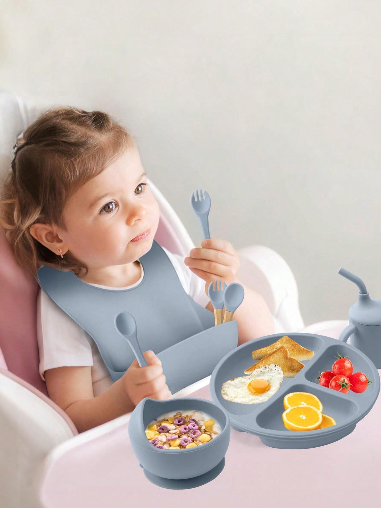 8PCS Children's Tableware Set Baby Dishes Sucker Plate Bowl Utensils Soft Silicone Cup Bibs Spoon Fork Sets Mother Kids Tableware Baby Items