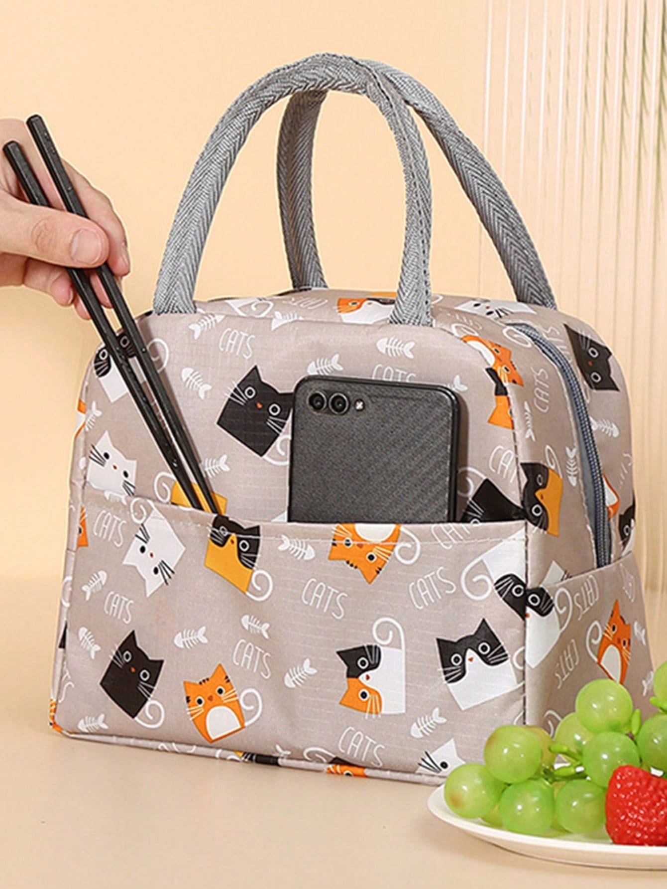 1pc Oxford Cloth Insulated Lunch Box Bag, Thermal Bento Bag With Aluminum Foil, Portable Food Container Carrier For Students And Office Workers