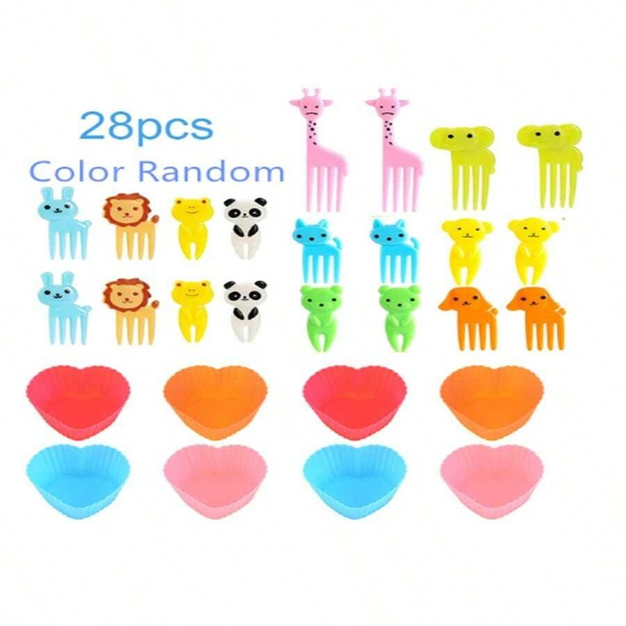 28pcs Cute Mini Animal Cartoon Food Selection Kids Snack Cake Dessert Food Fruit Fork Love Silicone Muffin Cup