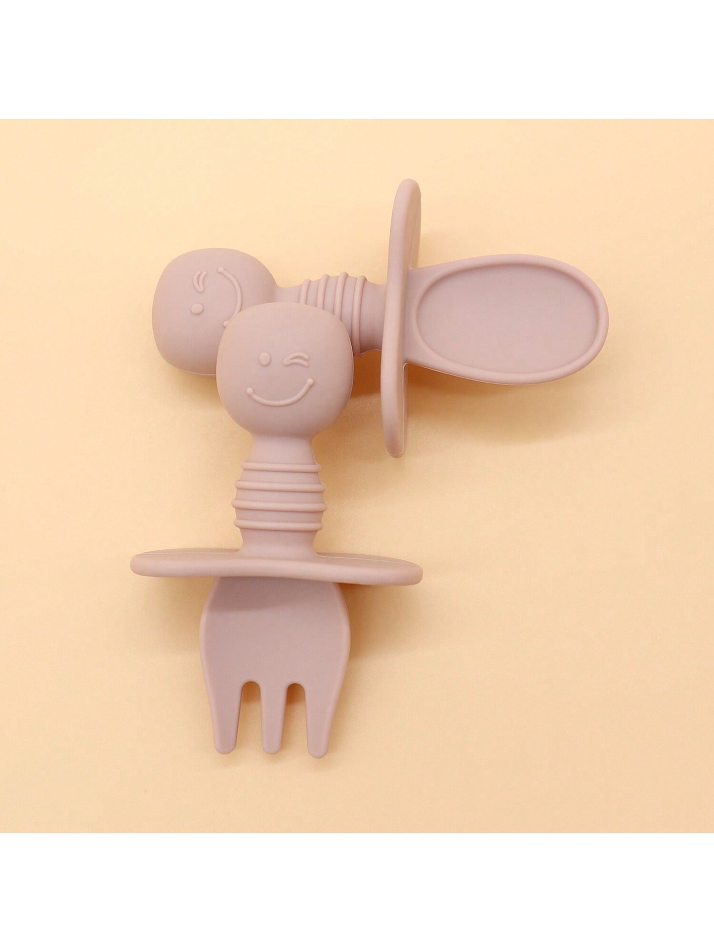 1pair Short-Handled Silicone Infant Spoon And Fork Set, With Smiling Face Design For Easy Grip
