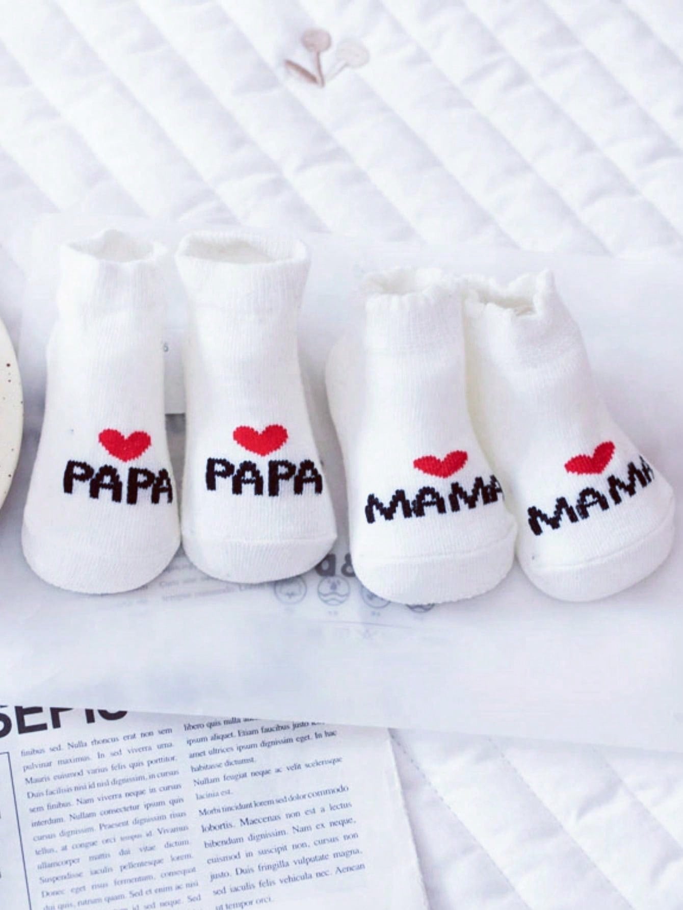 2Pairs Newborn Baby Girls Boys White Socks Pack Cute Love MAMA PAPA Little One Bebe Crew Socks Gift Toddler Letter Casual Daily Life Socks Pack Design Accessories 0-6M