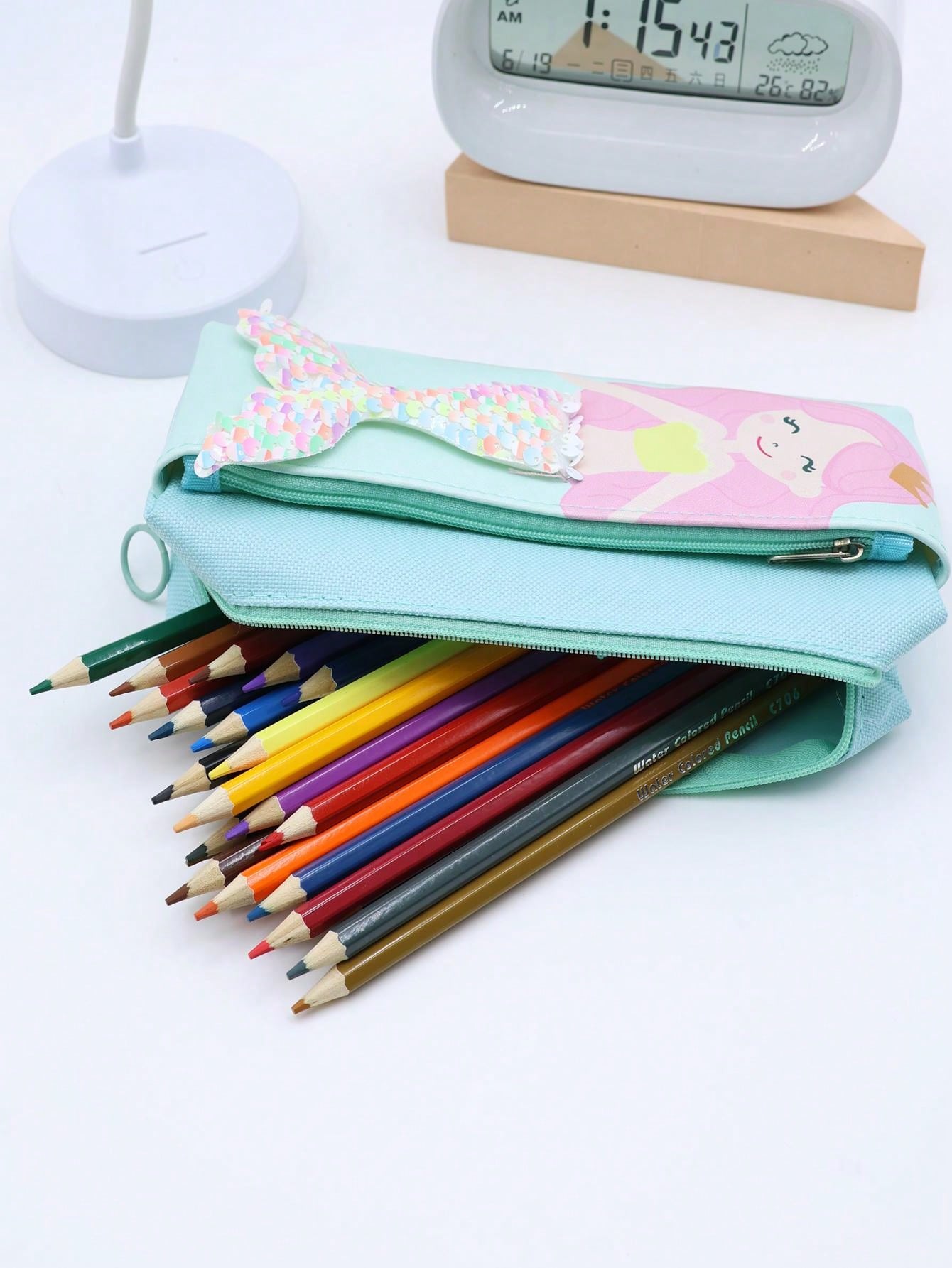 1pc Cartoon Mermaid Glitter Cloth High-Capacity Pencil Case Stationery Storage Bag Suitable For School Students