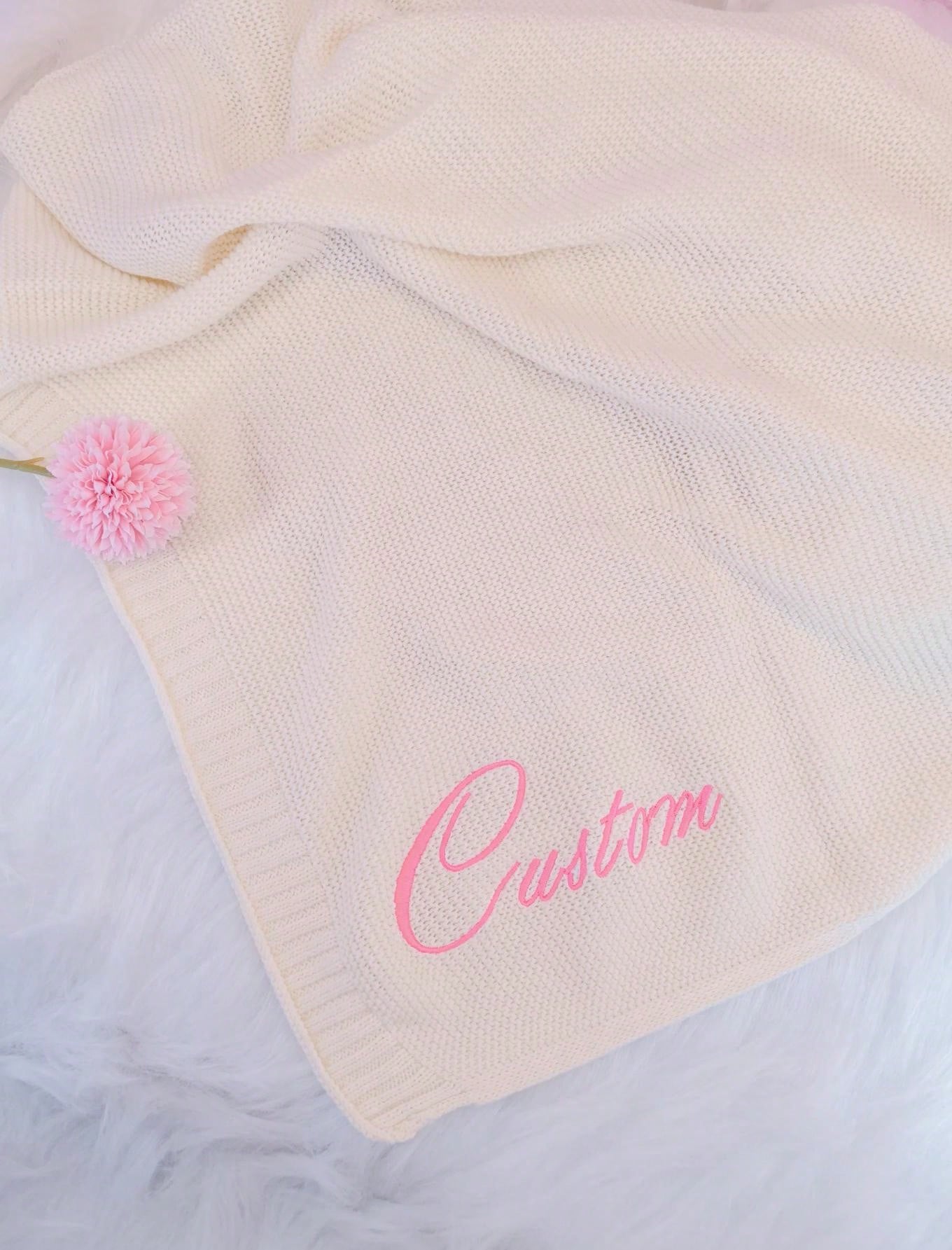 Customized Embroidered Name Knit Baby Blanket, 100cm X 80cm, Beige Baby Shower Family Decorations Gifts