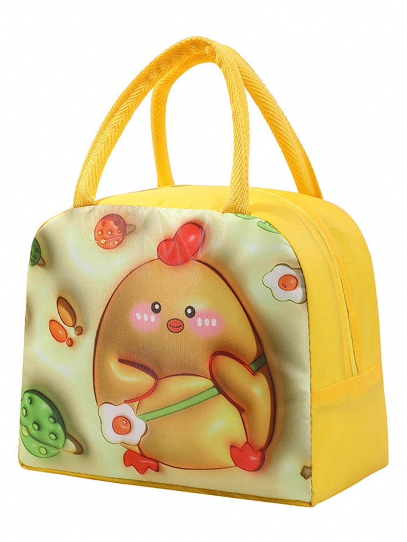 1pc Oxford Cloth Thickened Aluminum Foil Inner Layer Large Capacity Waterproof Insulated 3D Cartoon Zipper Carrying Lunch Bag, Suitable For Work, School, Picnic, Camping And Food Storage
