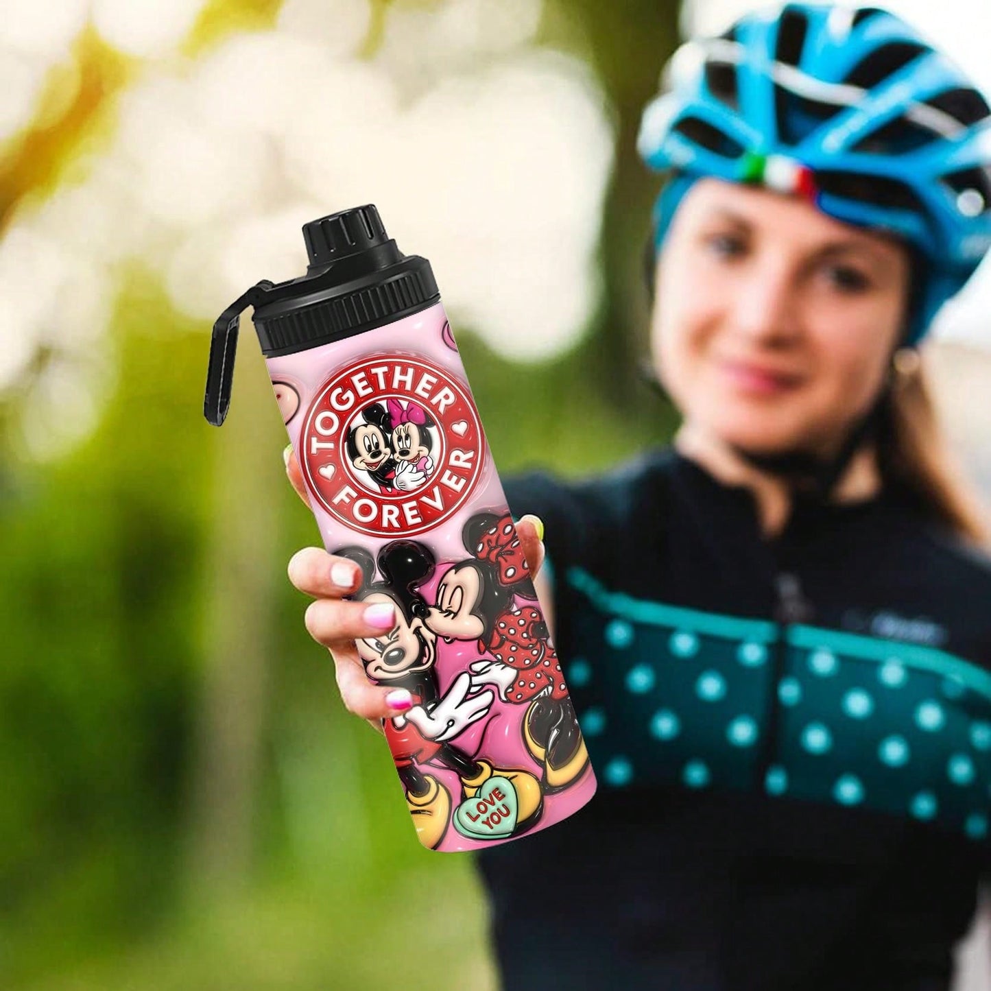 1pc 20oz Personalized Cartoon Outdoor Sports Water Bottle, Mickey & Minnie Couple Pattern Printed Double-Layered Stainless Steel Durable Leak-Proof Insulated Thermos Flask, Ideal For Outdoor Activities Such As Couple Cycling, Hiking, Fitness And Trekking