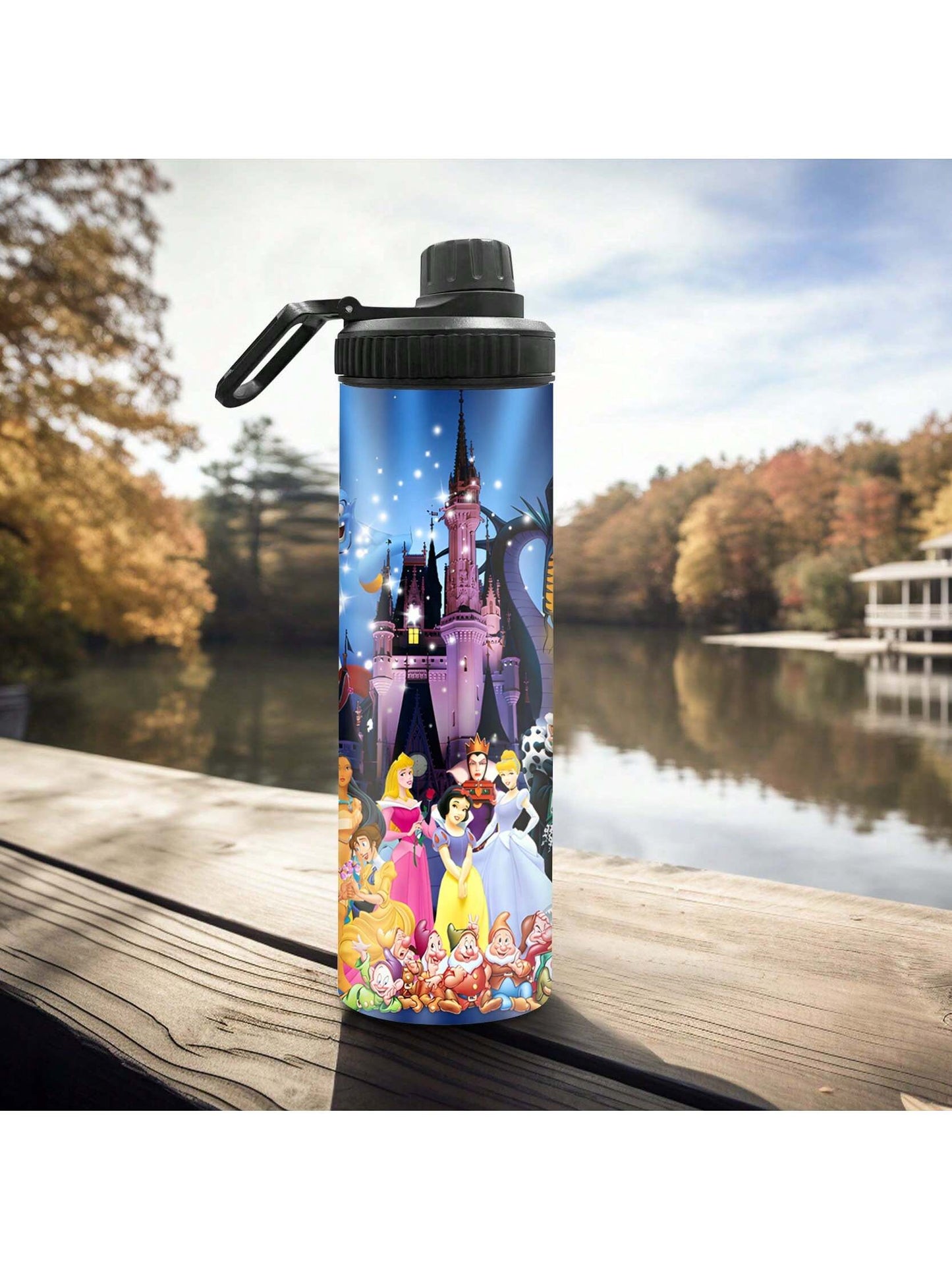 1pc 20oz Personalized Cartoon Outdoor Sports Water Bottle, Printed With Castle Pattern, Double-Layer Stainless Steel, Durable, Leak-Proof, Insulated And Suitable For Outdoor Activities Such As Cycling, Hiking, Fitness And Hiking.