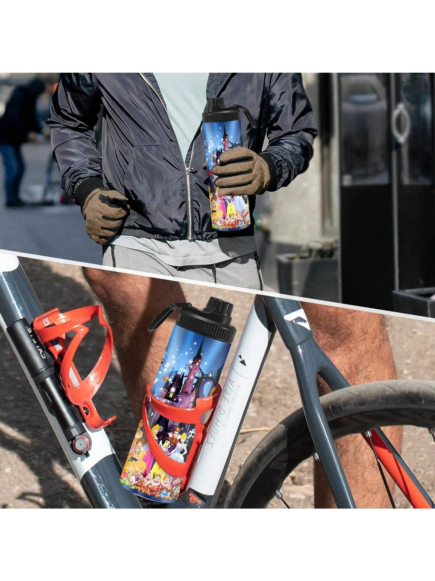 1pc 20oz Personalized Cartoon Outdoor Sports Water Bottle, Printed With Castle Pattern, Double-Layer Stainless Steel, Durable, Leak-Proof, Insulated And Suitable For Outdoor Activities Such As Cycling, Hiking, Fitness And Hiking.