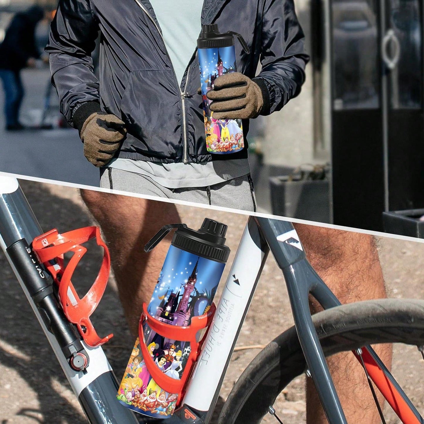 1pc 20oz Personalized Cartoon Outdoor Sports Water Bottle, Printed With Castle Pattern, Double-Layer Stainless Steel, Durable, Leak-Proof, Insulated And Suitable For Outdoor Activities Such As Cycling, Hiking, Fitness And Hiking.