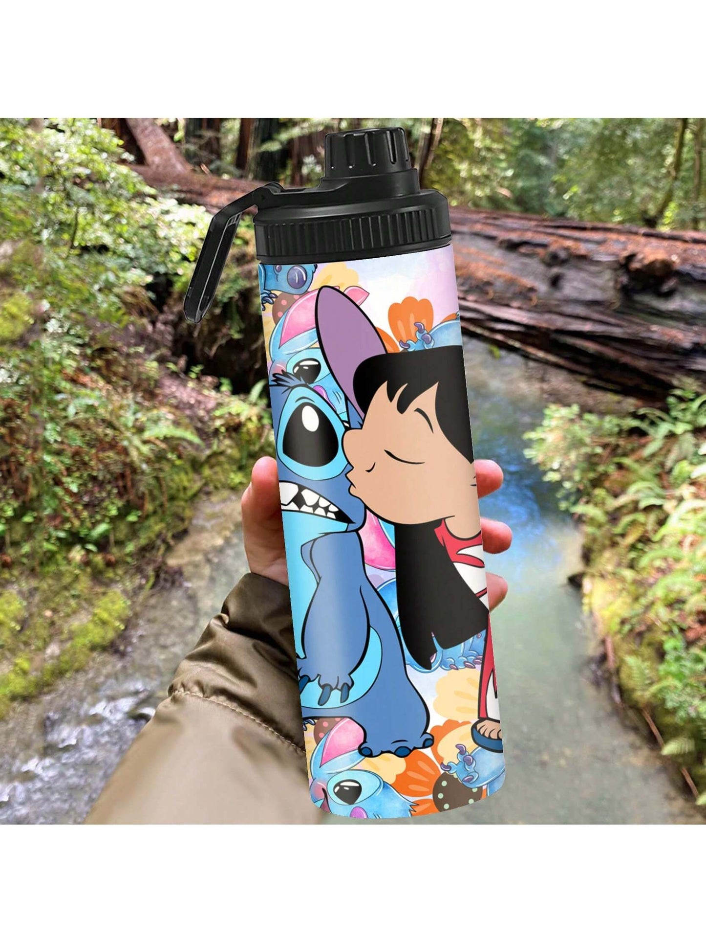 1pc 20oz Cartoon Customized Name Outdoor Sports Water Bottle, Featuring Lilo And Stitch Printed Double-Layered Stainless Steel, Durable, Leak-Proof, Insulated Thermos Flask, Great For Cycling, Hiking, Fitness And Hiking Travel