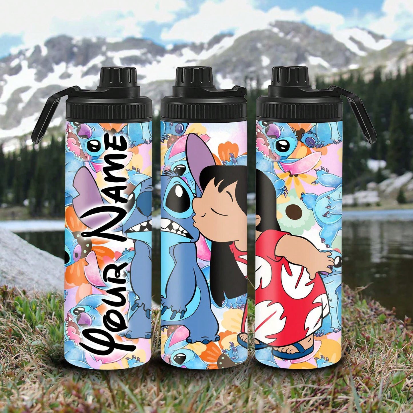 1pc 20oz Cartoon Customized Name Outdoor Sports Water Bottle, Featuring Lilo And Stitch Printed Double-Layered Stainless Steel, Durable, Leak-Proof, Insulated Thermos Flask, Great For Cycling, Hiking, Fitness And Hiking Travel