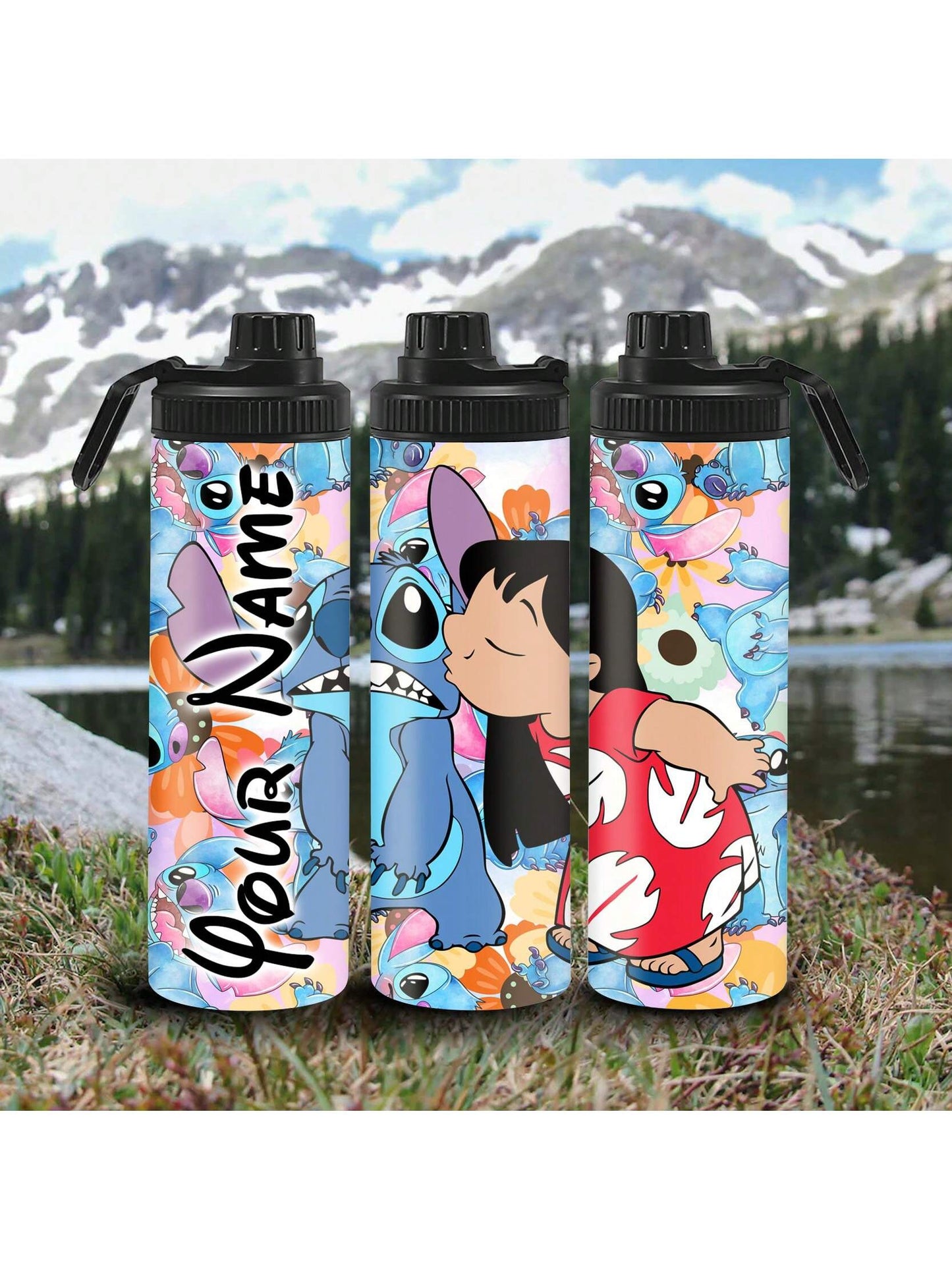 1pc 20oz Cartoon Customized Name Outdoor Sports Water Bottle, Featuring Lilo And Stitch Printed Double-Layered Stainless Steel, Durable, Leak-Proof, Insulated Thermos Flask, Great For Cycling, Hiking, Fitness And Hiking Travel
