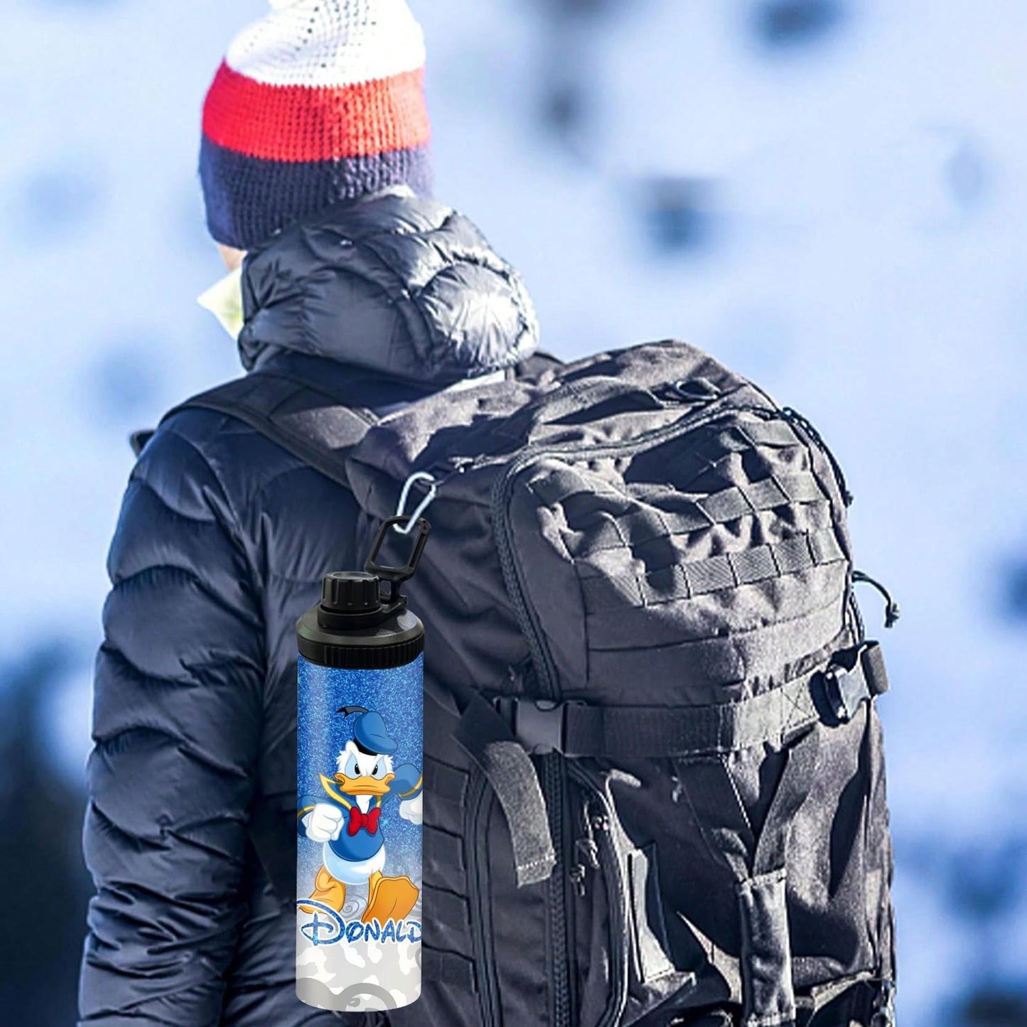 1pc 20oz Personalized Cartoon Outdoor Sports Water Bottle, Printed With Donald Duck Image, Double-Layer Stainless Steel, Durable, Leak-Proof, And Thermal Insulated. Perfect For Couples Who Enjoy Outdoor Activities Such As Cycling, Mountain Climbing, Fitn