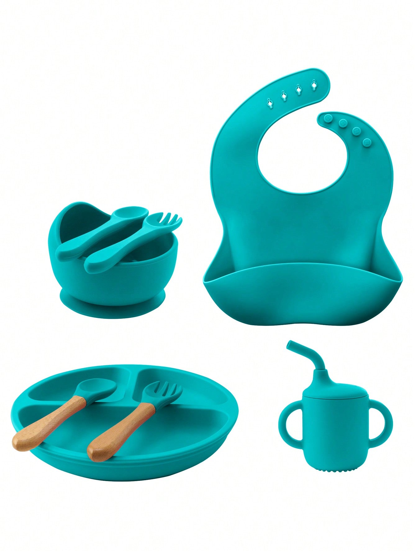 8PCS Children's Tableware Set Baby Dishes Sucker Plate Bowl Utensils Soft Silicone Cup Bibs Spoon Fork Sets Mother Kids Tableware Baby Items