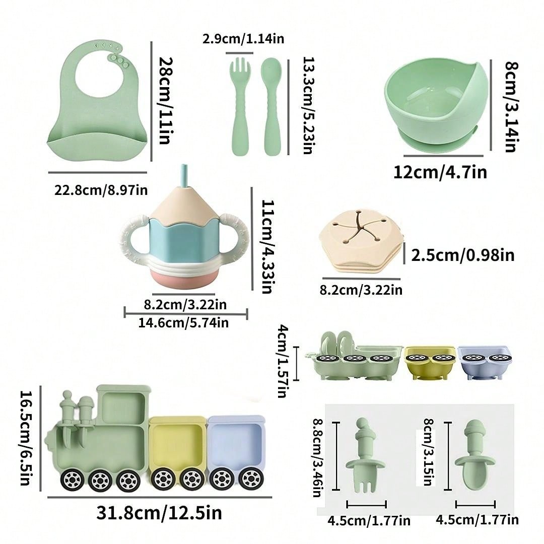 9 Pieces Baby Silicone Tableware Children's Plate Fork Spoon Bowl Bib Water Cup Snack Cup Cartoon Train Fun Theme Feeding Products Children's Gift