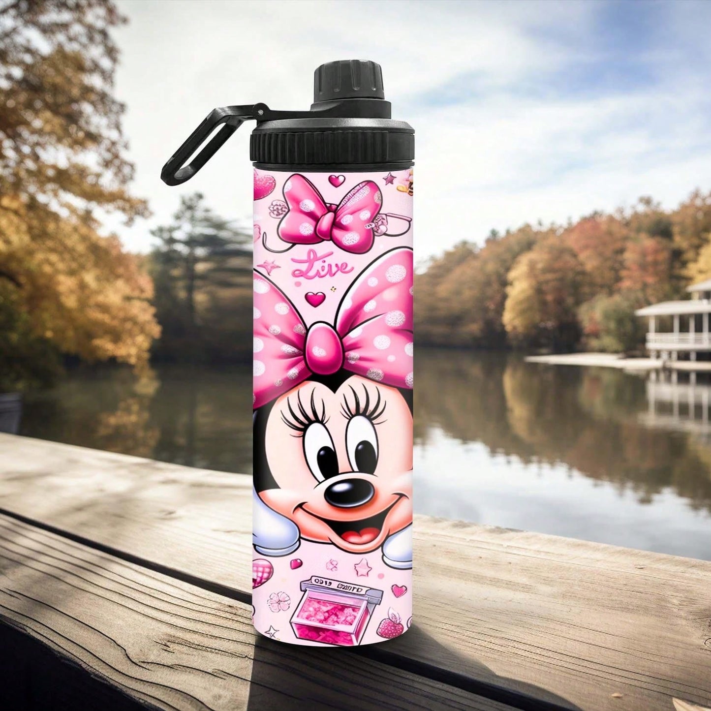 1pc 20oz Personalized Cartoon Character Outdoor Sports Water Bottle, Minnie Mouse Icon Cartoon Print Double Wall Stainless Steel Leak-Proof Insulated Hot/Cold Drink Tumbler, Perfect For Couples Cycling, Hiking, Fitness And Trekking Outdoor Activities