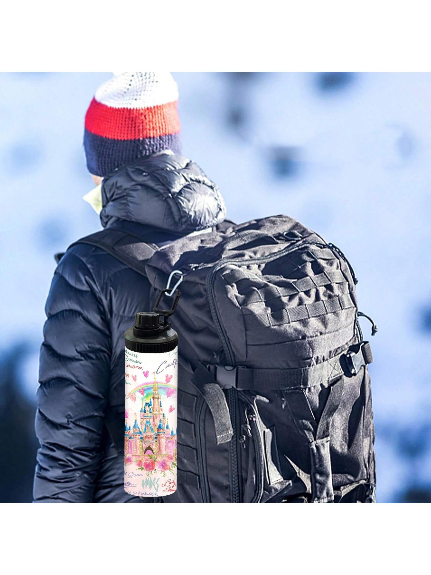 1pc 20oz Personalized Cartoon Outdoor Sports Water Bottle, Printed With Castle Pattern, Double-Layer Stainless Steel, Durable, Leak-Proof, Insulated And Suitable For Outdoor Activities Such As Cycling, Hiking, Fitness And Hiking.