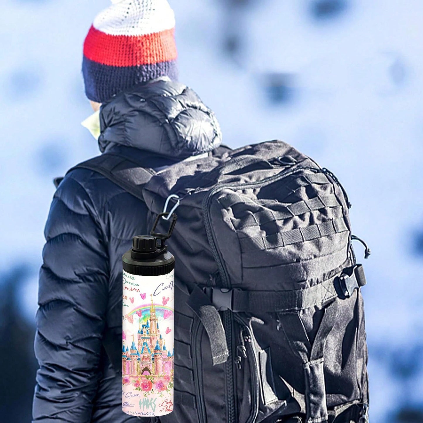 1pc 20oz Personalized Cartoon Outdoor Sports Water Bottle, Printed With Castle Pattern, Double-Layer Stainless Steel, Durable, Leak-Proof, Insulated And Suitable For Outdoor Activities Such As Cycling, Hiking, Fitness And Hiking.