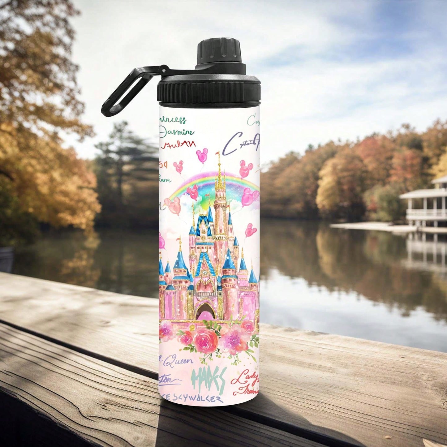 1pc 20oz Personalized Cartoon Outdoor Sports Water Bottle, Printed With Castle Pattern, Double-Layer Stainless Steel, Durable, Leak-Proof, Insulated And Suitable For Outdoor Activities Such As Cycling, Hiking, Fitness And Hiking.