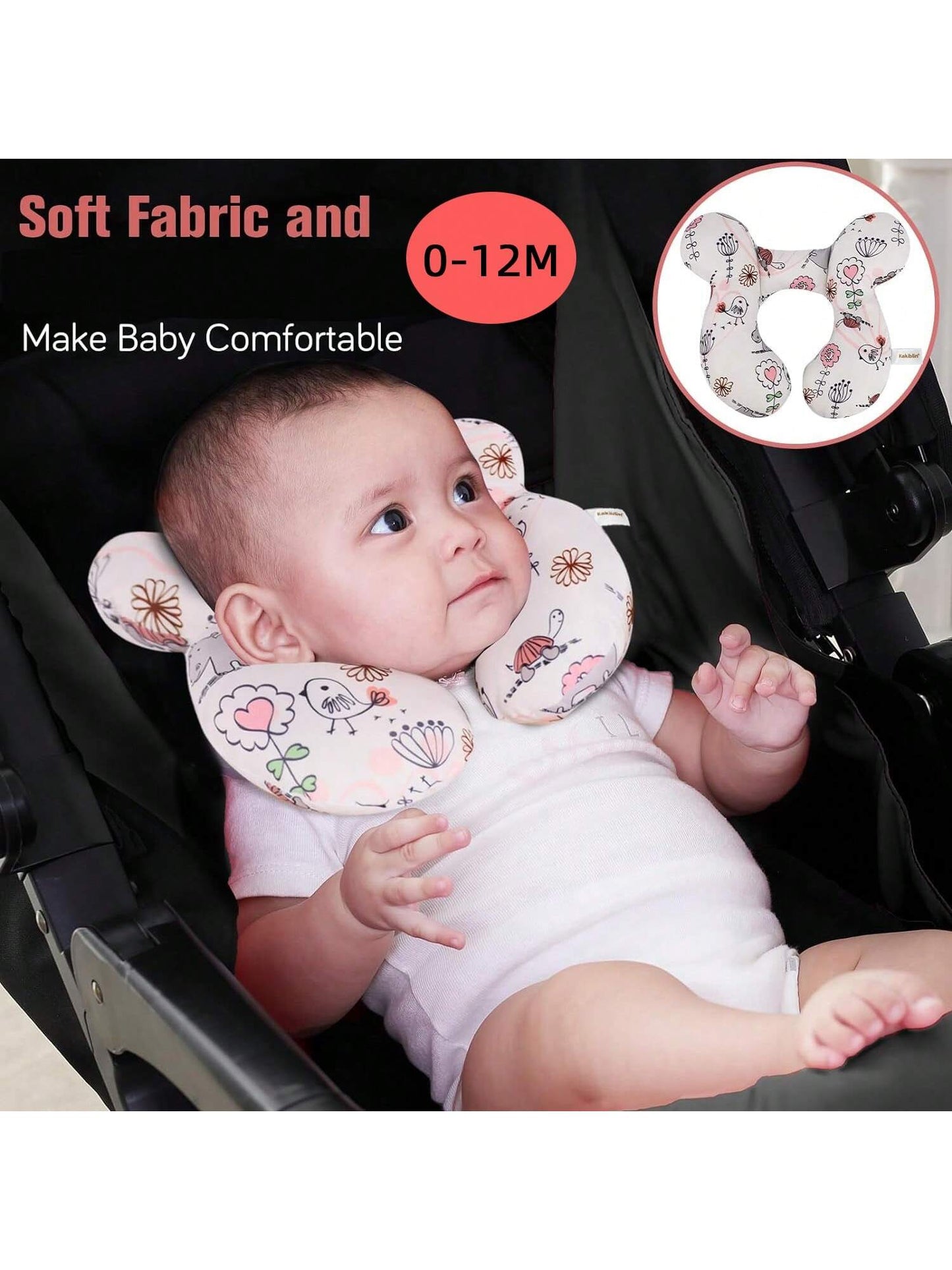 1pc Infant White Logo Soft U-Shaped Neck Support Pillow For Car Seat & Baby Stroller, Fits 0-12 Months Newborns, Random Print & Logo Replacement