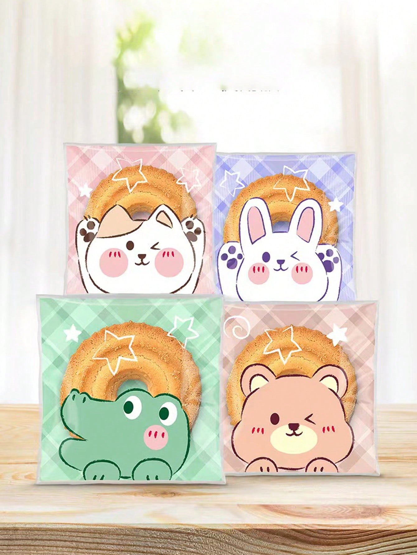 100pcs/Pack Cartoon Animal Cute Self Adhesive Cookie Bags, Snowflake Cake Packaging Pouches, Bakery Sealing Bags