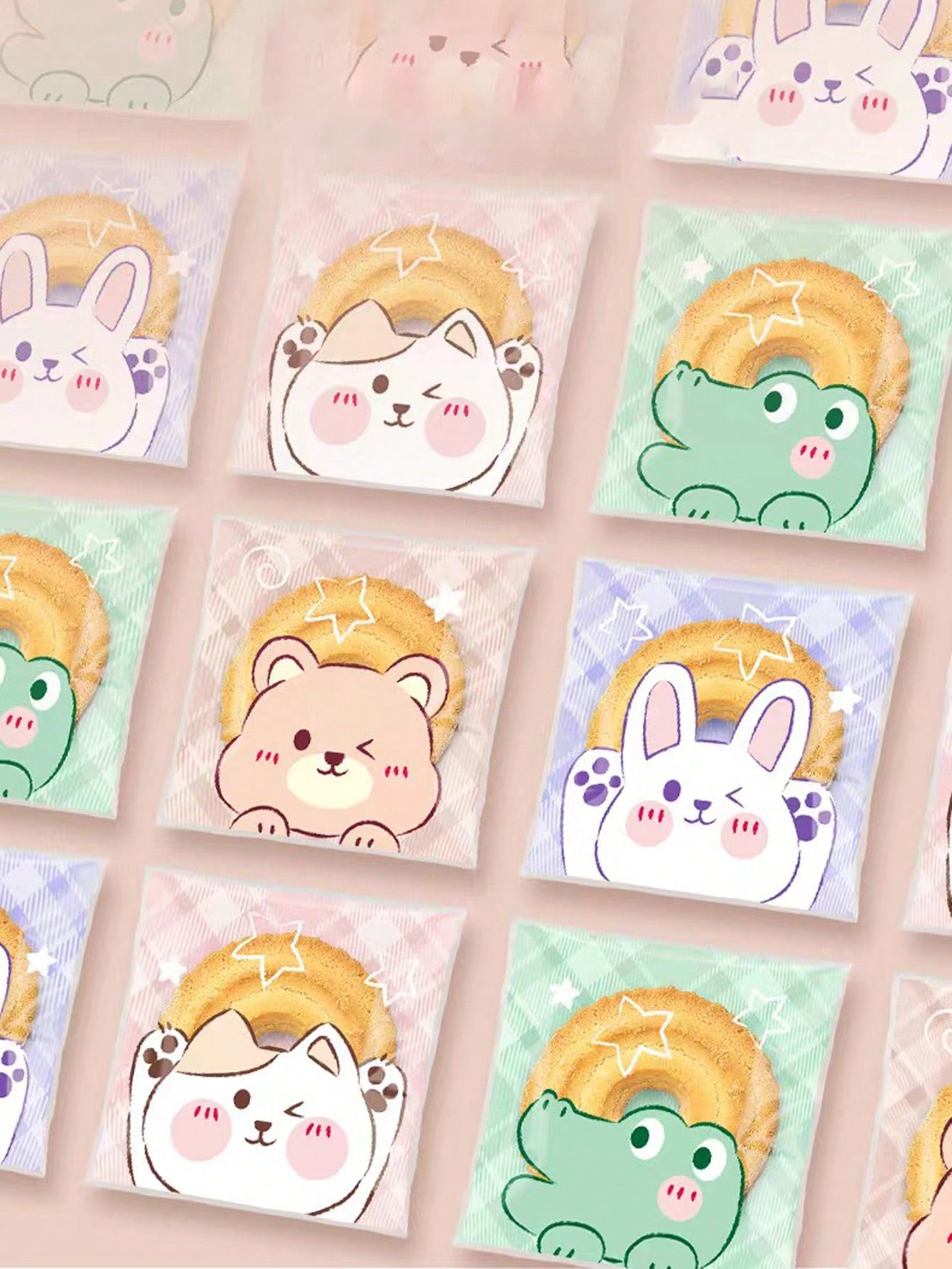 100pcs/Pack Cartoon Animal Cute Self Adhesive Cookie Bags, Snowflake Cake Packaging Pouches, Bakery Sealing Bags