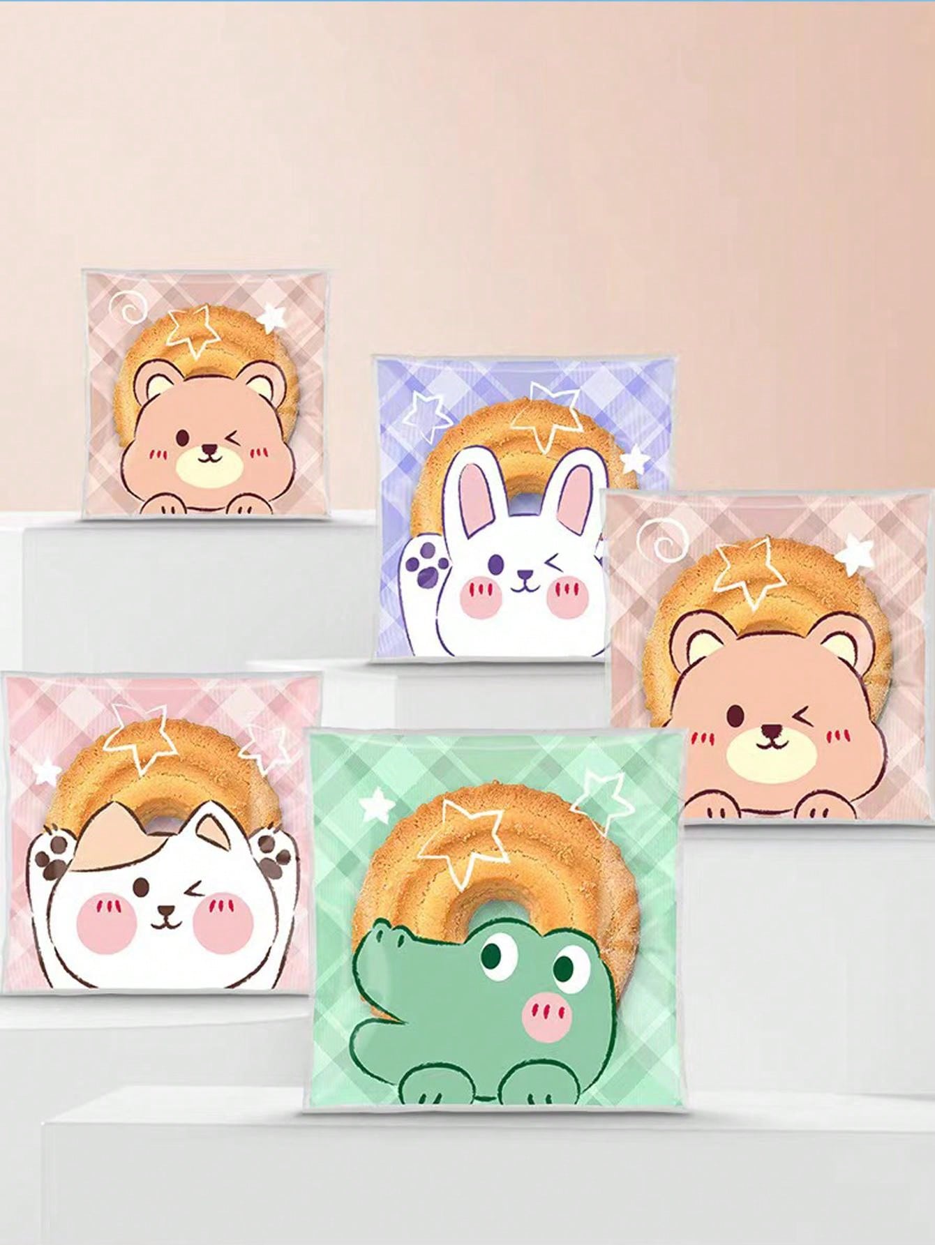 100pcs/Pack Cartoon Animal Cute Self Adhesive Cookie Bags, Snowflake Cake Packaging Pouches, Bakery Sealing Bags