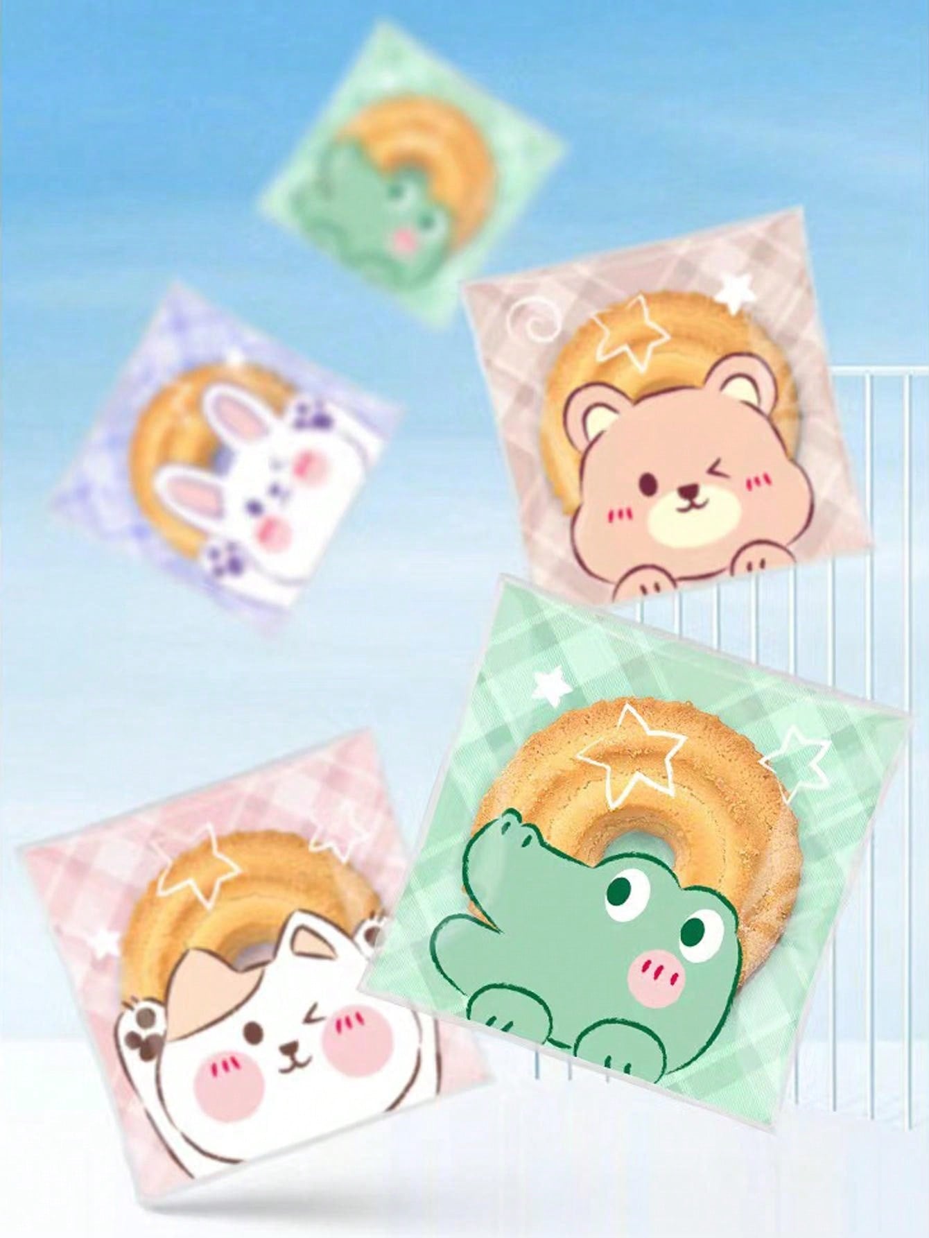 100pcs/Pack Cartoon Animal Cute Self Adhesive Cookie Bags, Snowflake Cake Packaging Pouches, Bakery Sealing Bags