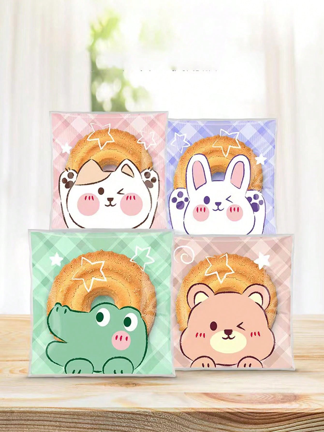 100pcs/Pack Cartoon Animal Cute Self Adhesive Cookie Bags, Snowflake Cake Packaging Pouches, Bakery Sealing Bags