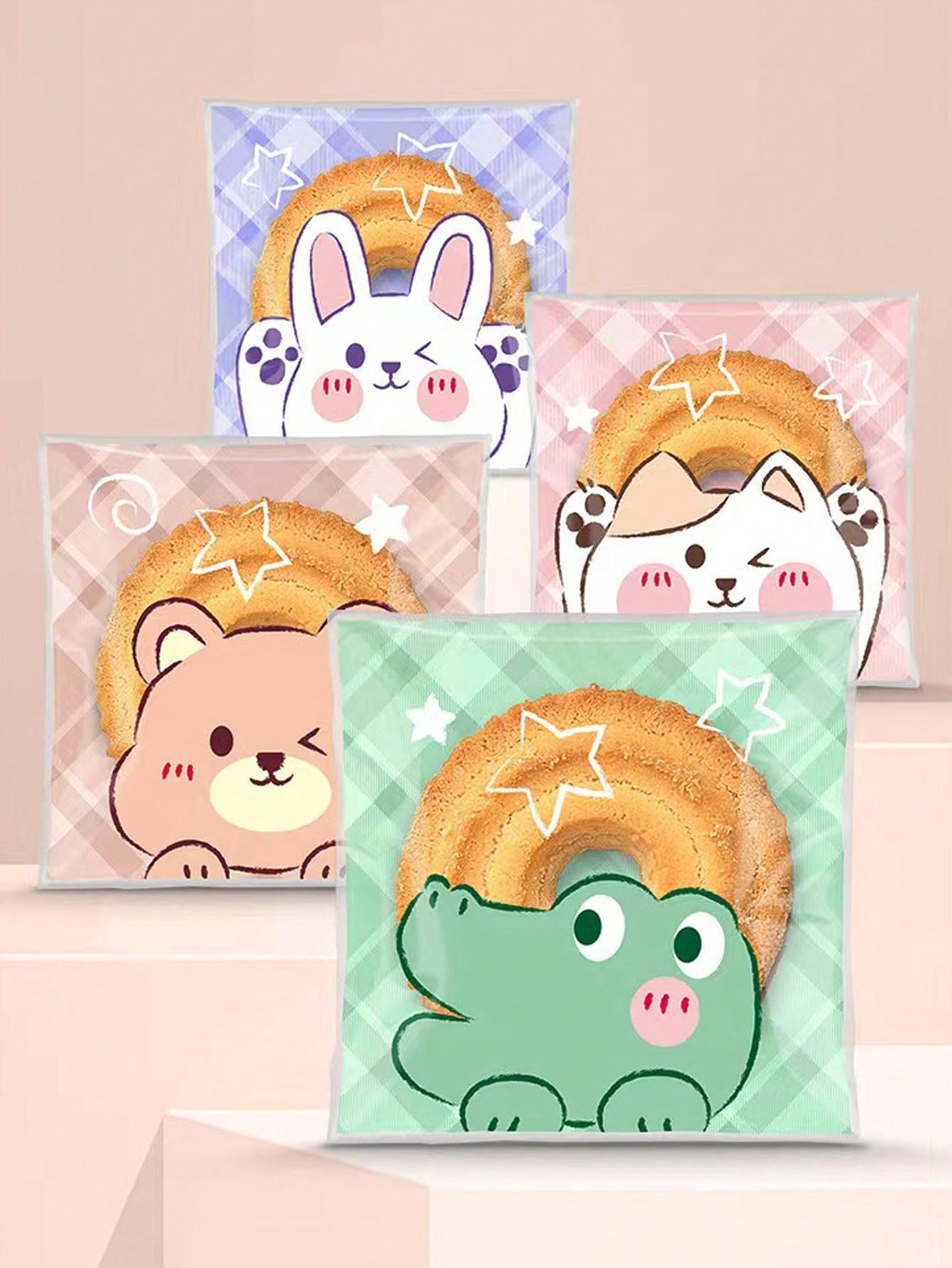 100pcs/Pack Cartoon Animal Cute Self Adhesive Cookie Bags, Snowflake Cake Packaging Pouches, Bakery Sealing Bags