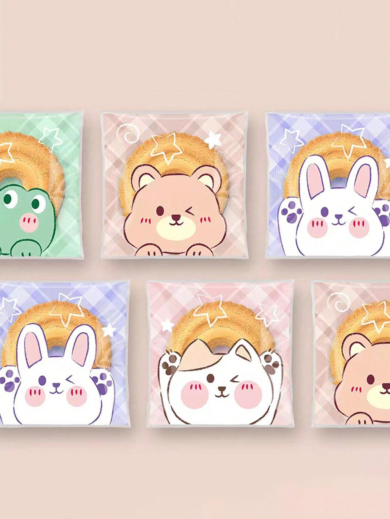 100pcs/Pack Cartoon Animal Cute Self Adhesive Cookie Bags, Snowflake Cake Packaging Pouches, Bakery Sealing Bags