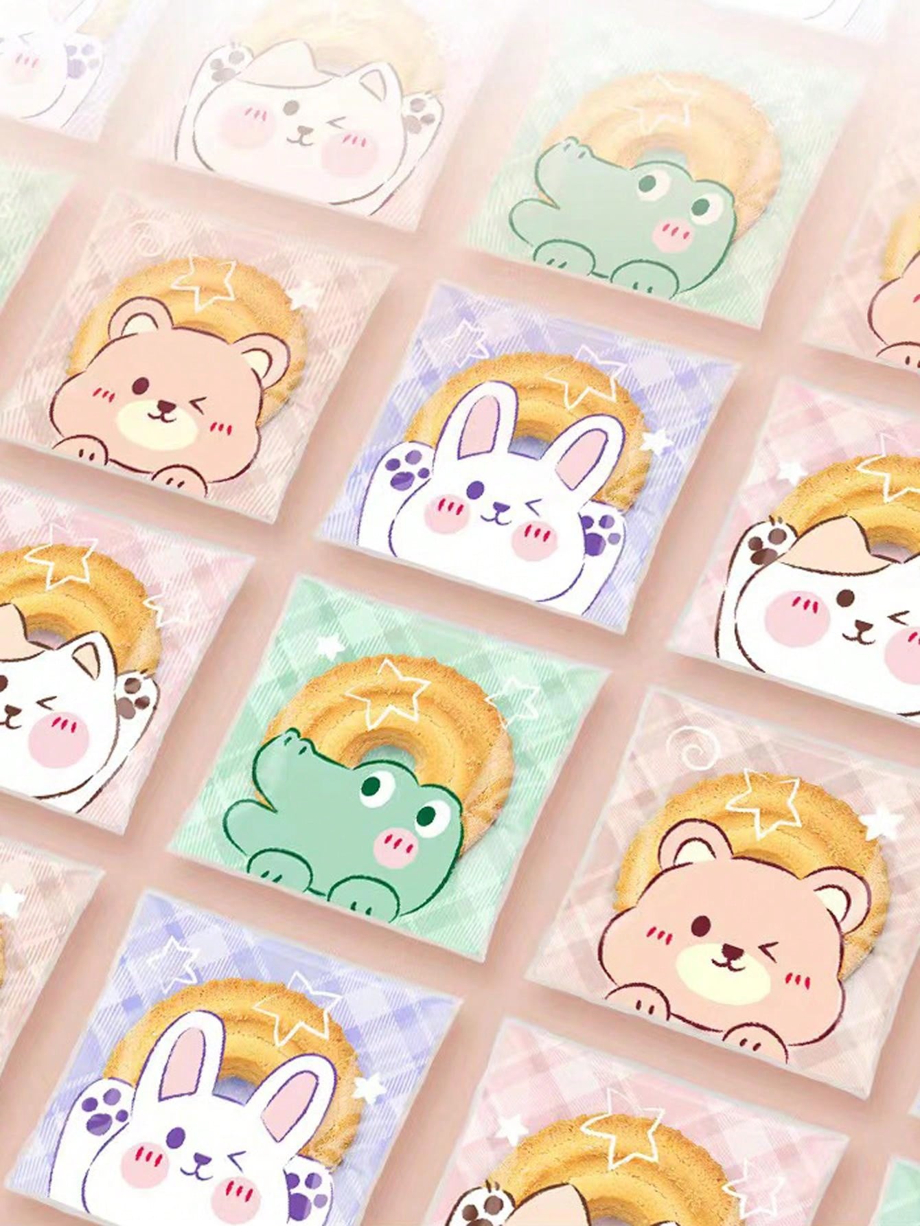 100pcs/Pack Cartoon Animal Cute Self Adhesive Cookie Bags, Snowflake Cake Packaging Pouches, Bakery Sealing Bags