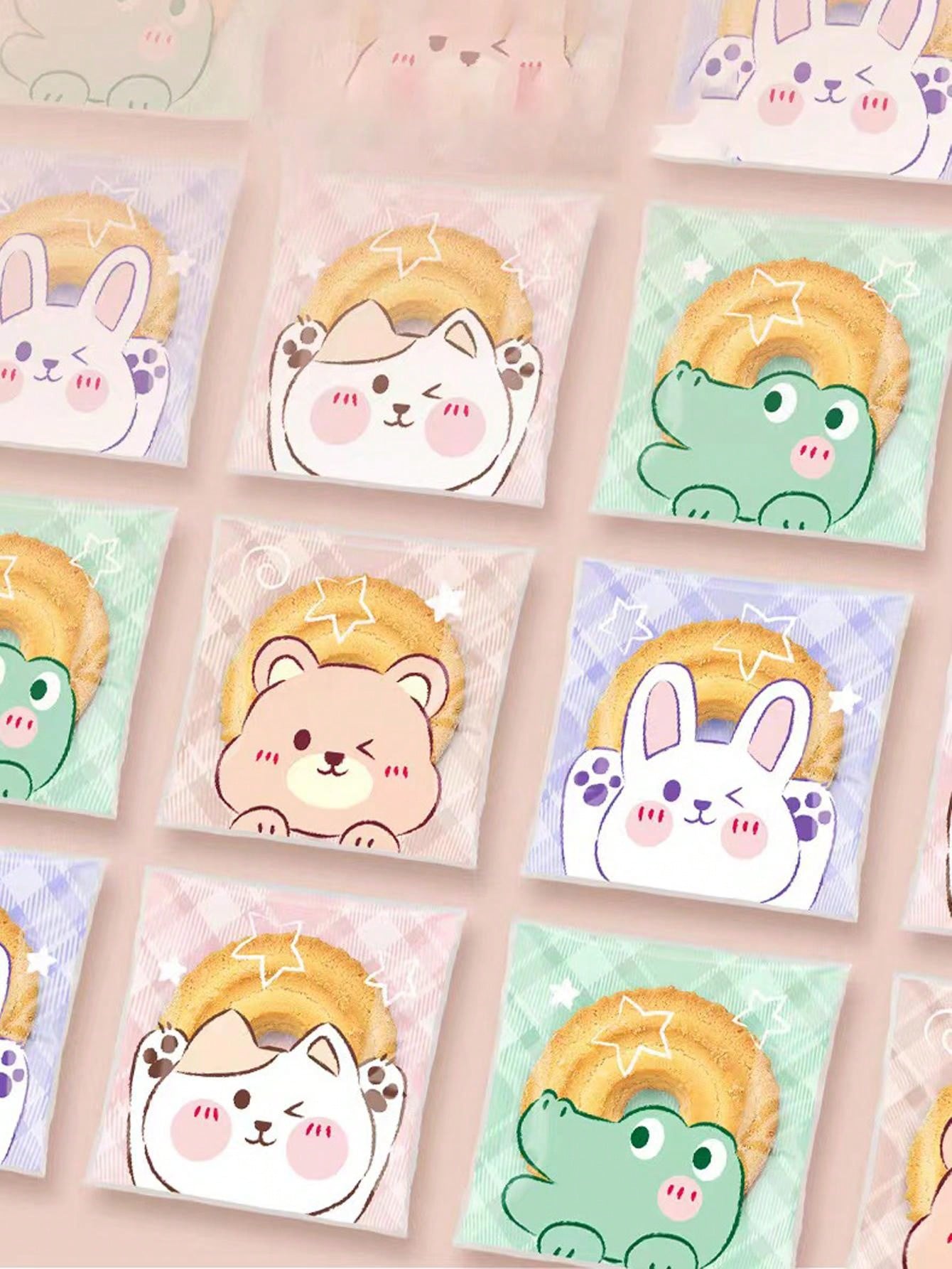 100pcs/Pack Cartoon Animal Cute Self Adhesive Cookie Bags, Snowflake Cake Packaging Pouches, Bakery Sealing Bags