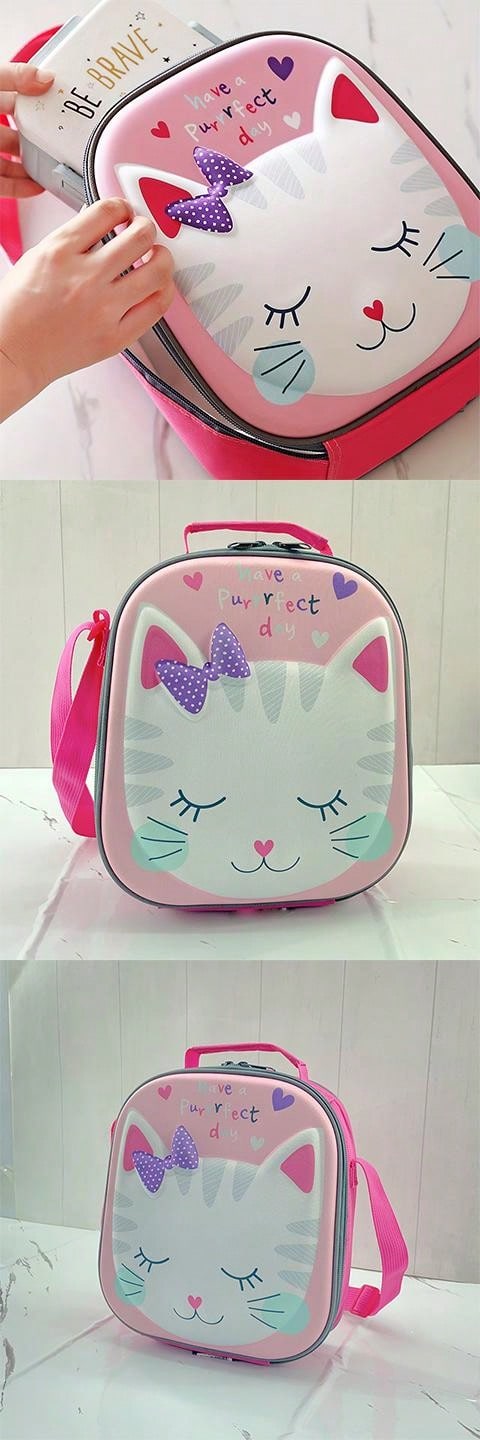 1pc Cat Pattern Lunch Bag, Cartoon Cute Fabric Reusable Lunch Box For Office Work School Picnic Beach