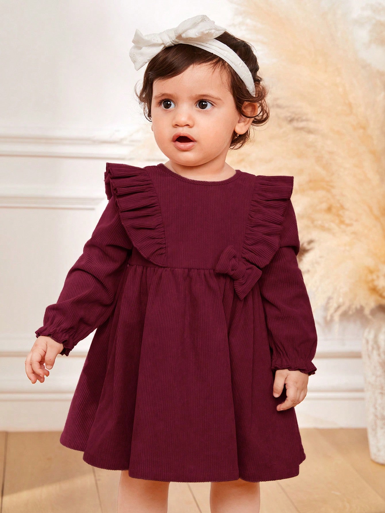 Cozy Pixies Baby Girl Casual Round Neck Ruffle Hem Long Sleeve Solid Color Dress Fall Clothes