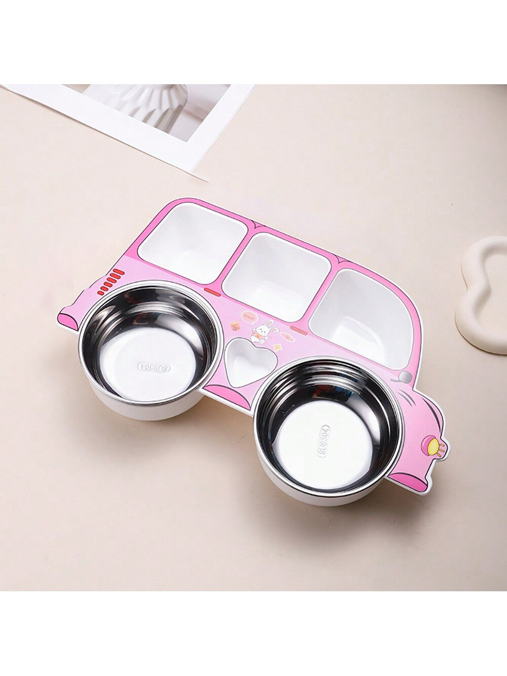 1pc Stainless Steel Cartoon Car Design Baby Feeding Divided Plate