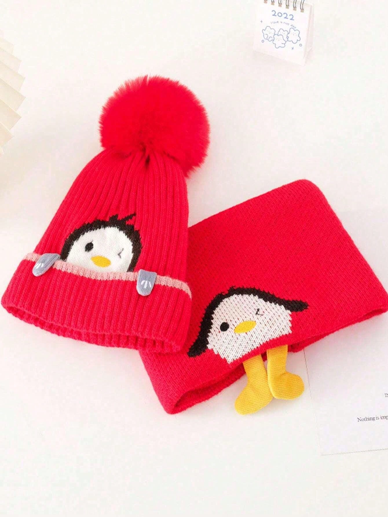 2pcs/Set Kids Knitted Hat & Scarf Set, Penguin Pom Pom Beanie Hat, Warm & Thick For Boys And Girls, Autumn/Winter