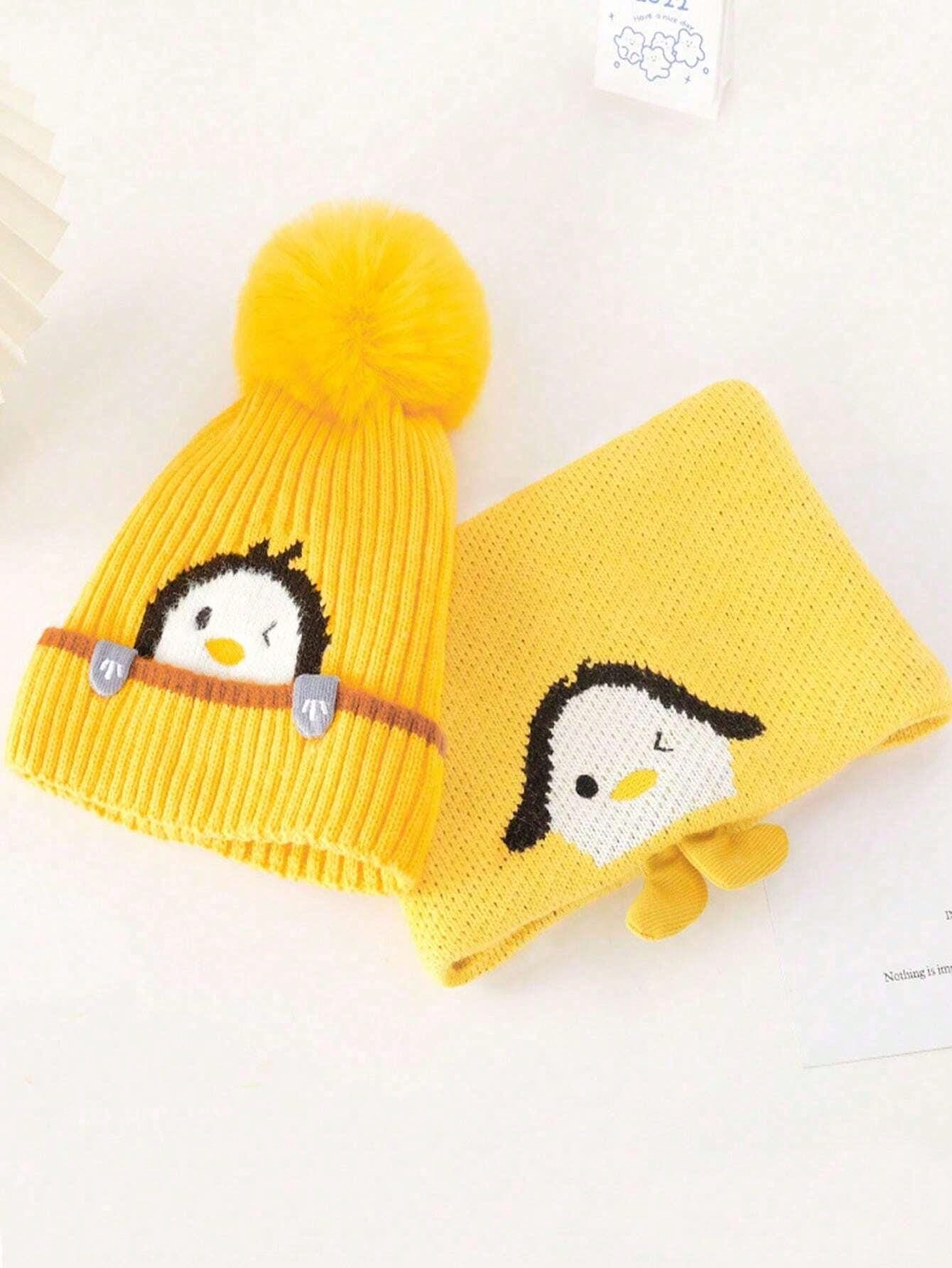 2pcs/Set Kids Knitted Hat & Scarf Set, Penguin Pom Pom Beanie Hat, Warm & Thick For Boys And Girls, Autumn/Winter