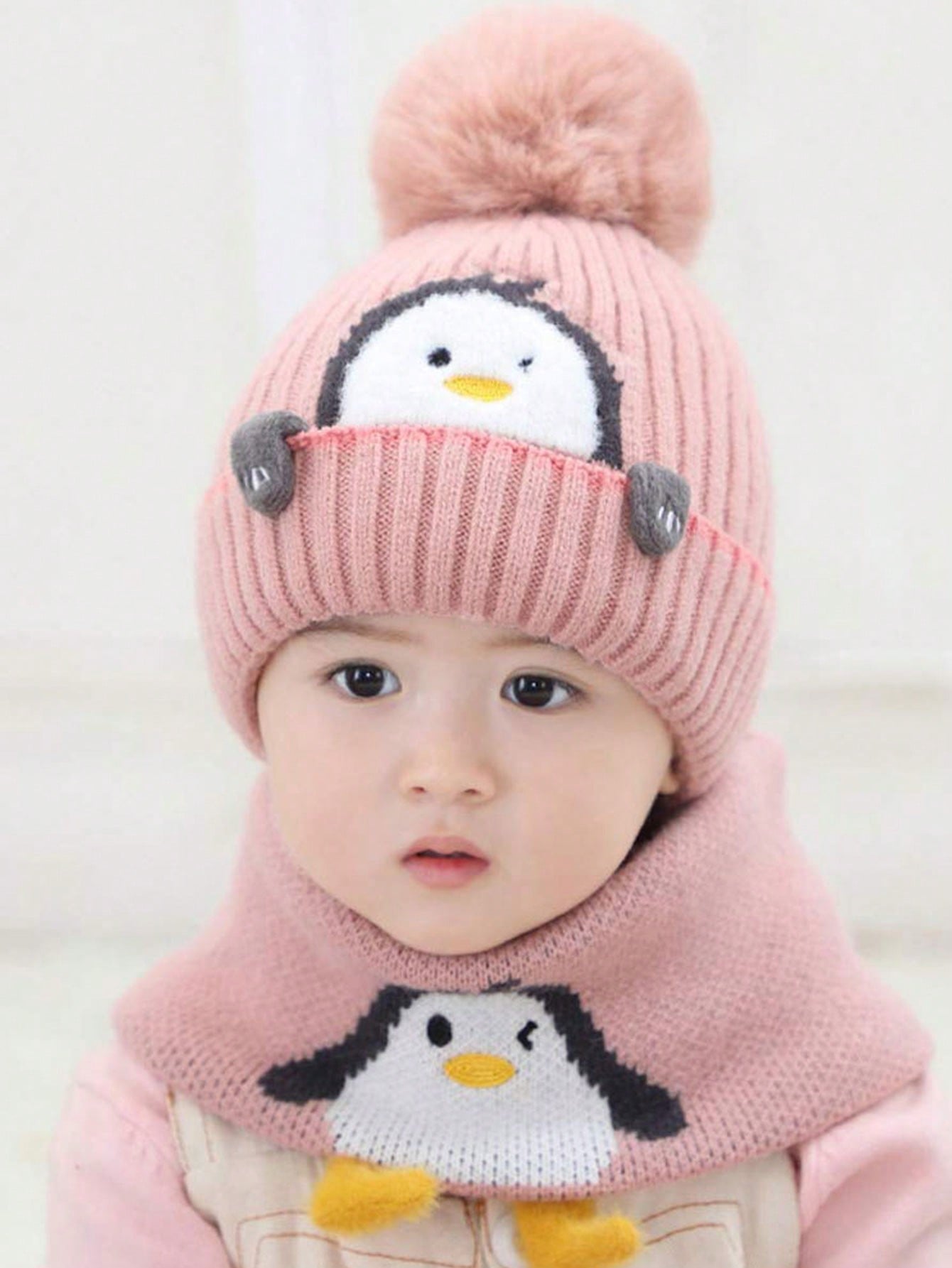 2pcs/Set Kids Knitted Hat & Scarf Set, Penguin Pom Pom Beanie Hat, Warm & Thick For Boys And Girls, Autumn/Winter